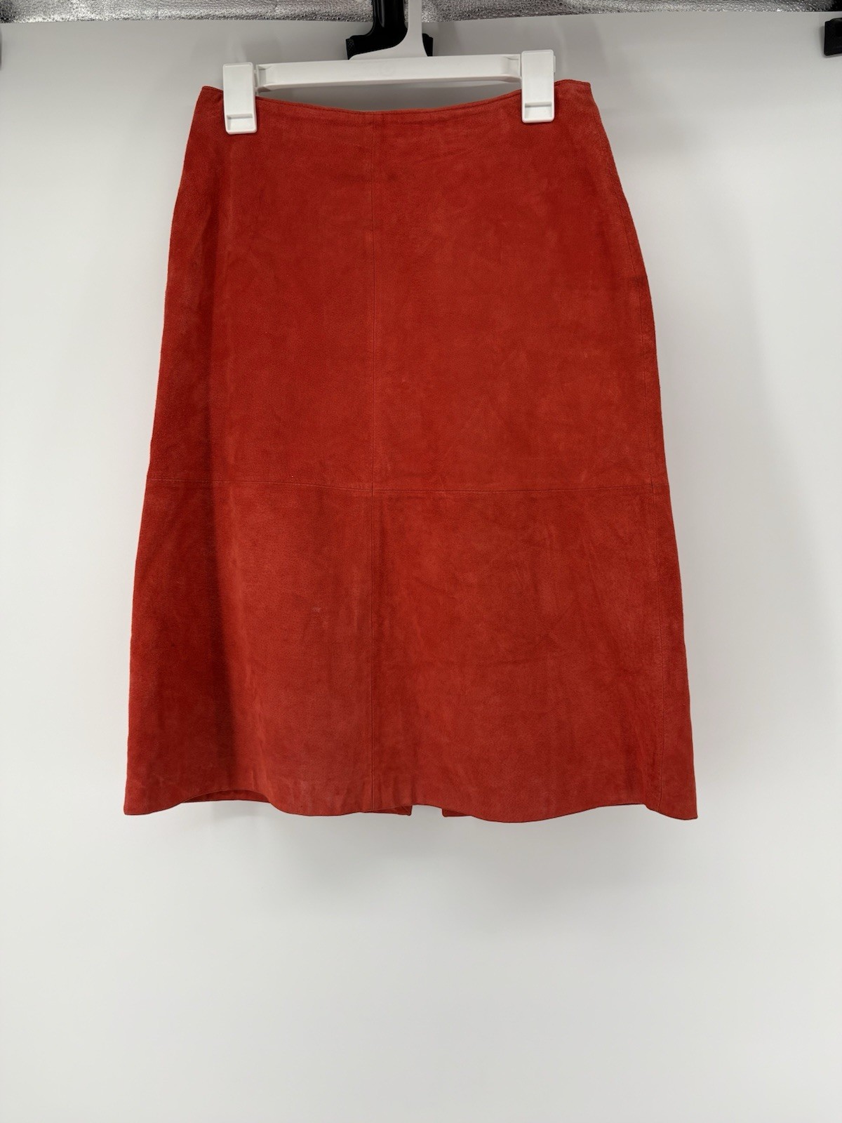 Vintage Modern Images Genuine Leather Suede A-Line Midi Skirt Red Orange Size 6