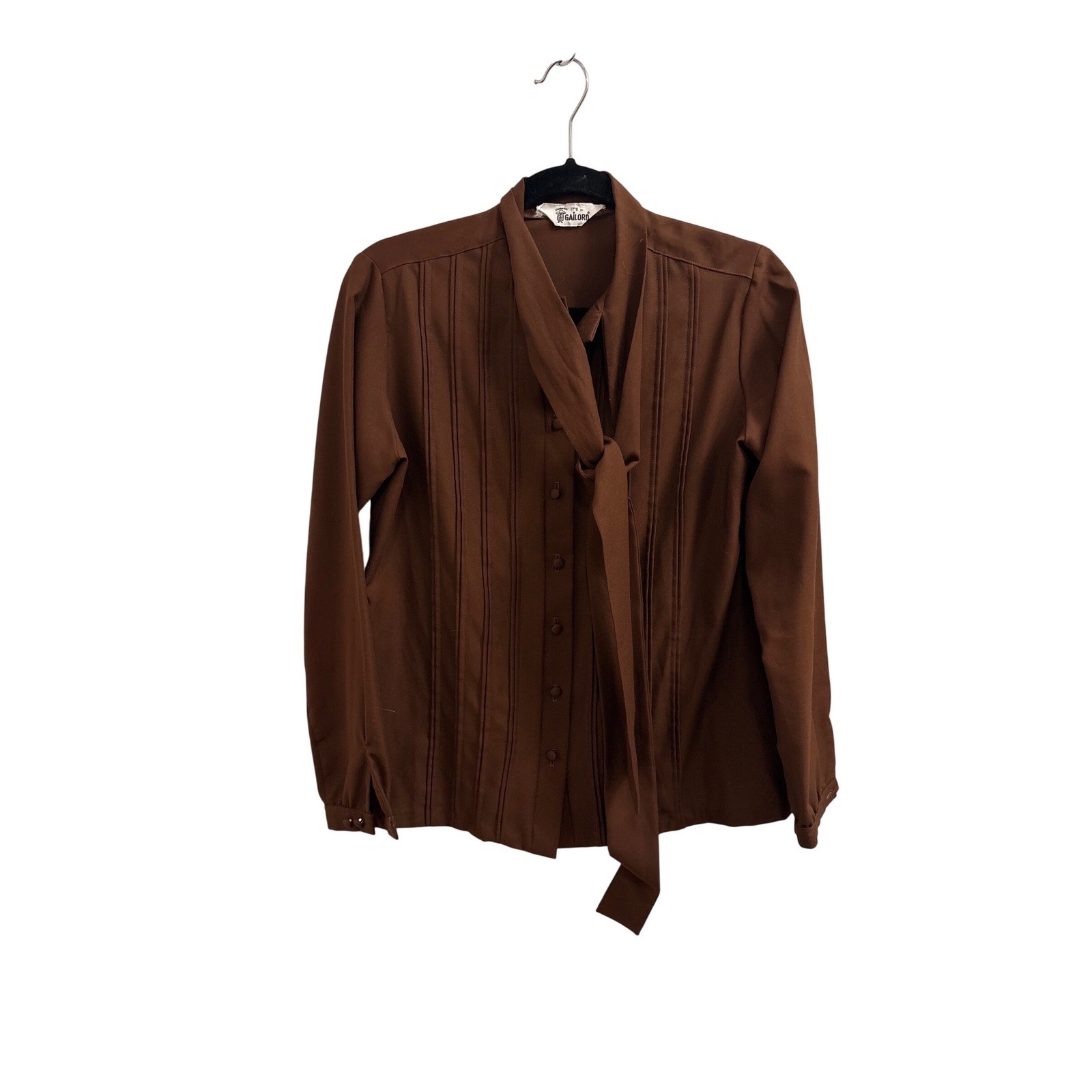 Vintage Gailord Brown Tie Neck Pintuck Blouse Long Sleeve Button Up Medium