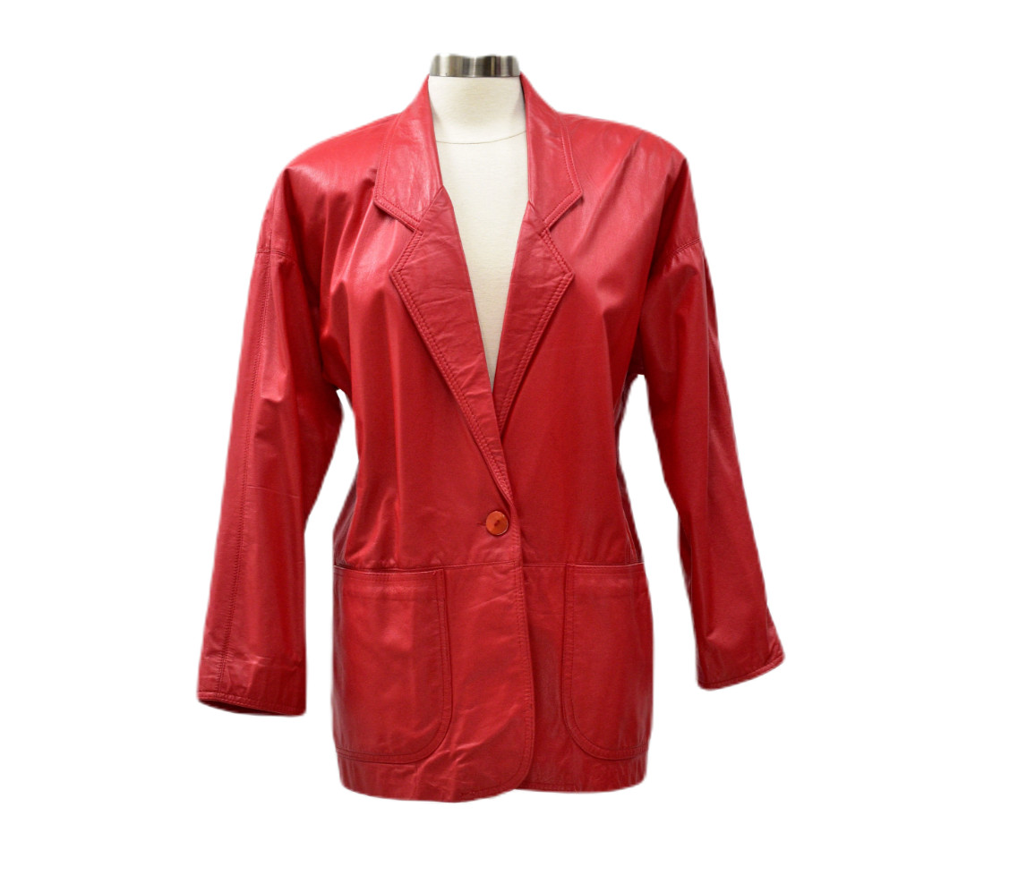 80s Vintage Red Leather Jacket Womens M Oversized Holiday Blazer Relaxed Fit