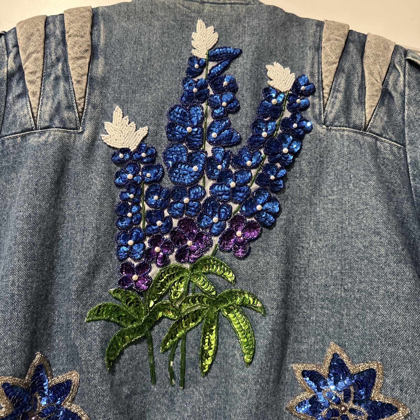 Vtg Mod Maid Denim Jacket Texas Bluebonnet Beaded Gold Fringe Western Cowgirl L