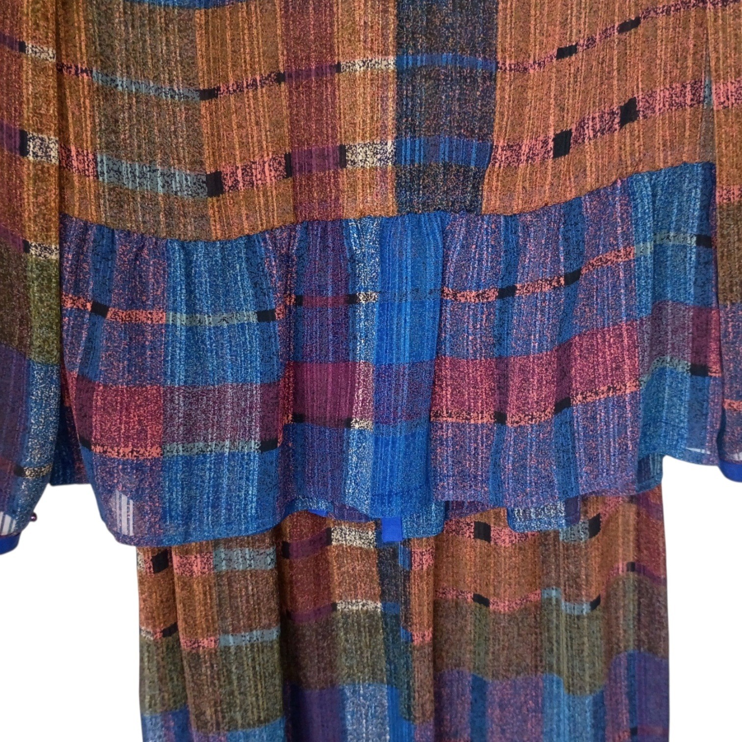 Gloria Vanderbilt Vintage 80s Metallic Plaid Peplum Top and Skirt Set Blue 14