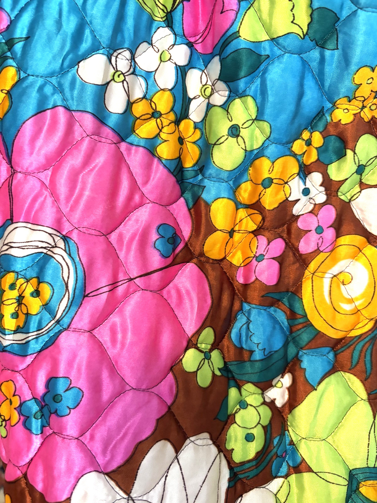 Vintage 1970’s Bright Colorful Blue Quilted Floral Maxi Skirt 32″ waist