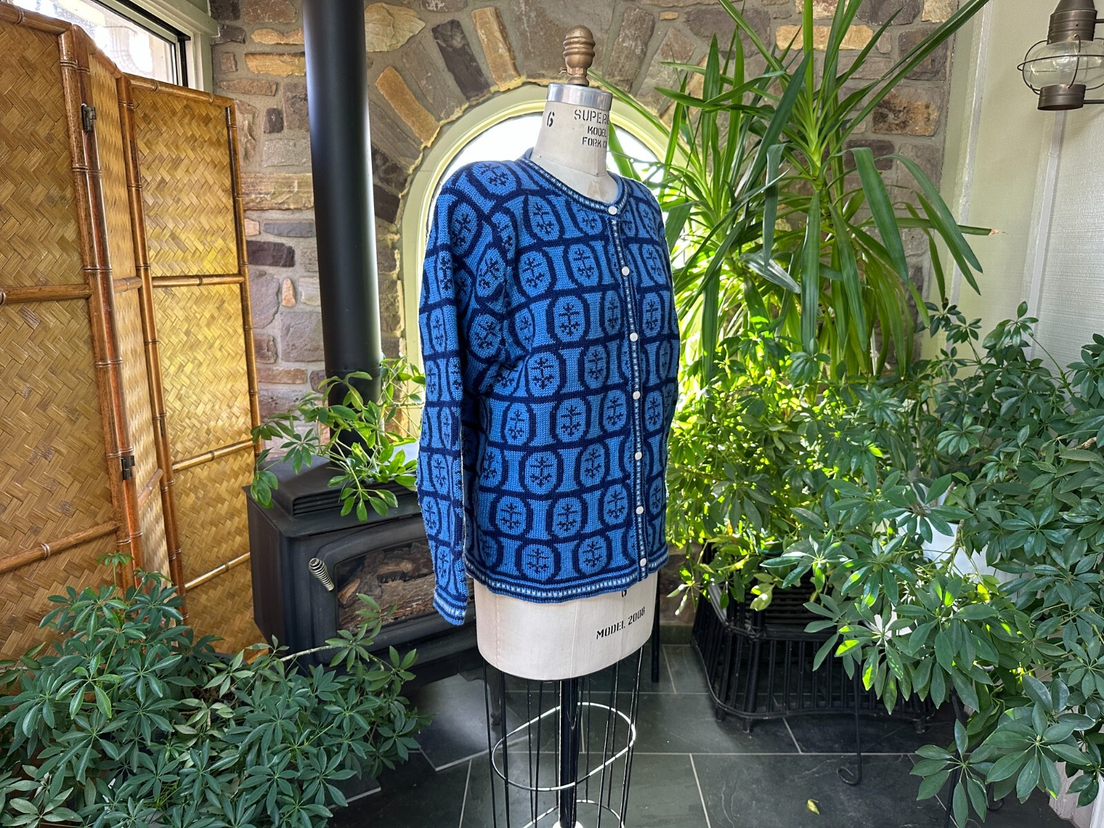 Vintage 1980s 2 Tone Blue Wool Cardigan Sweater with Shoulder Pads J Christopher