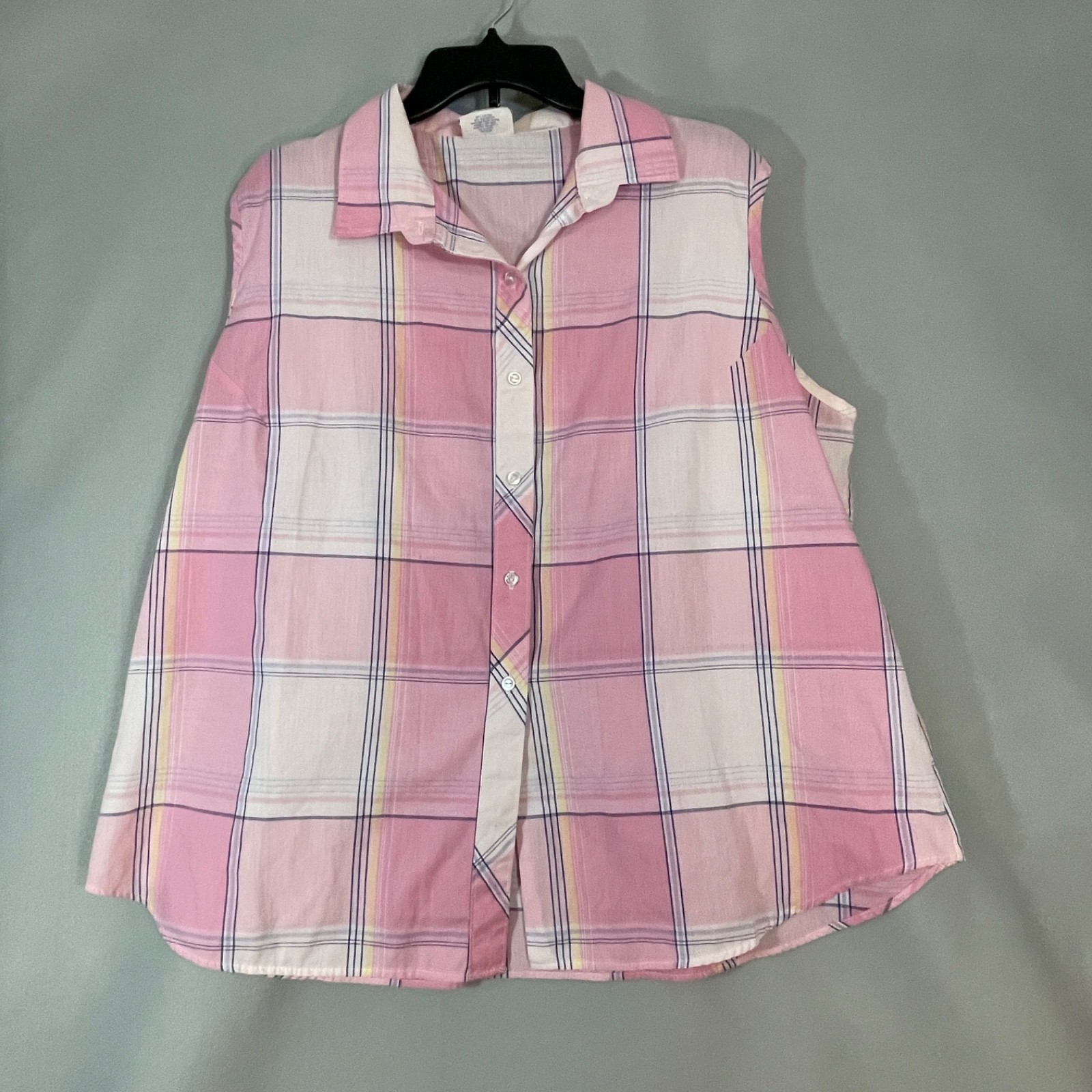Vintage 70s Shirt Accent Pink Pastel Plaid Sleeveless Button Down Blouse 24W
