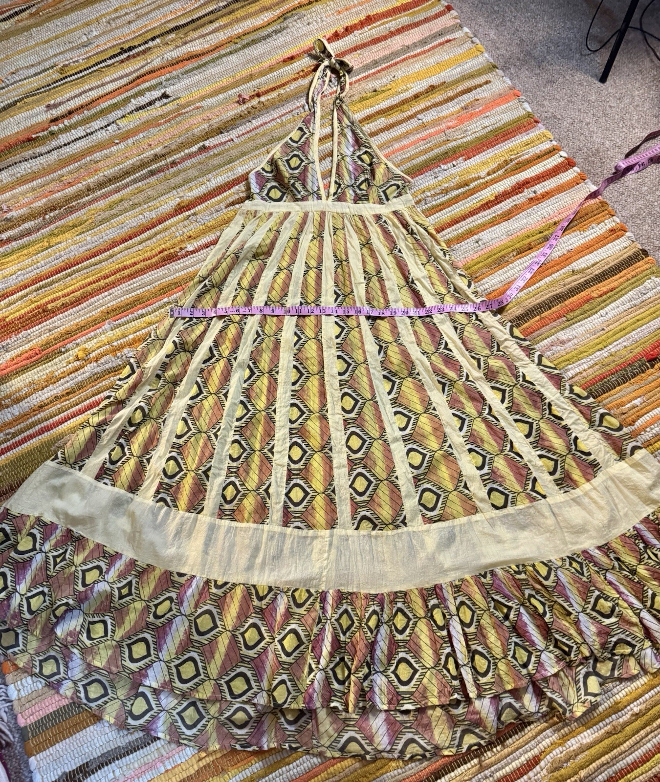 Vtg Yellow 70s Halter Gauze Cotton India Maxi Dress Full Sweep Hostess Boho Glam