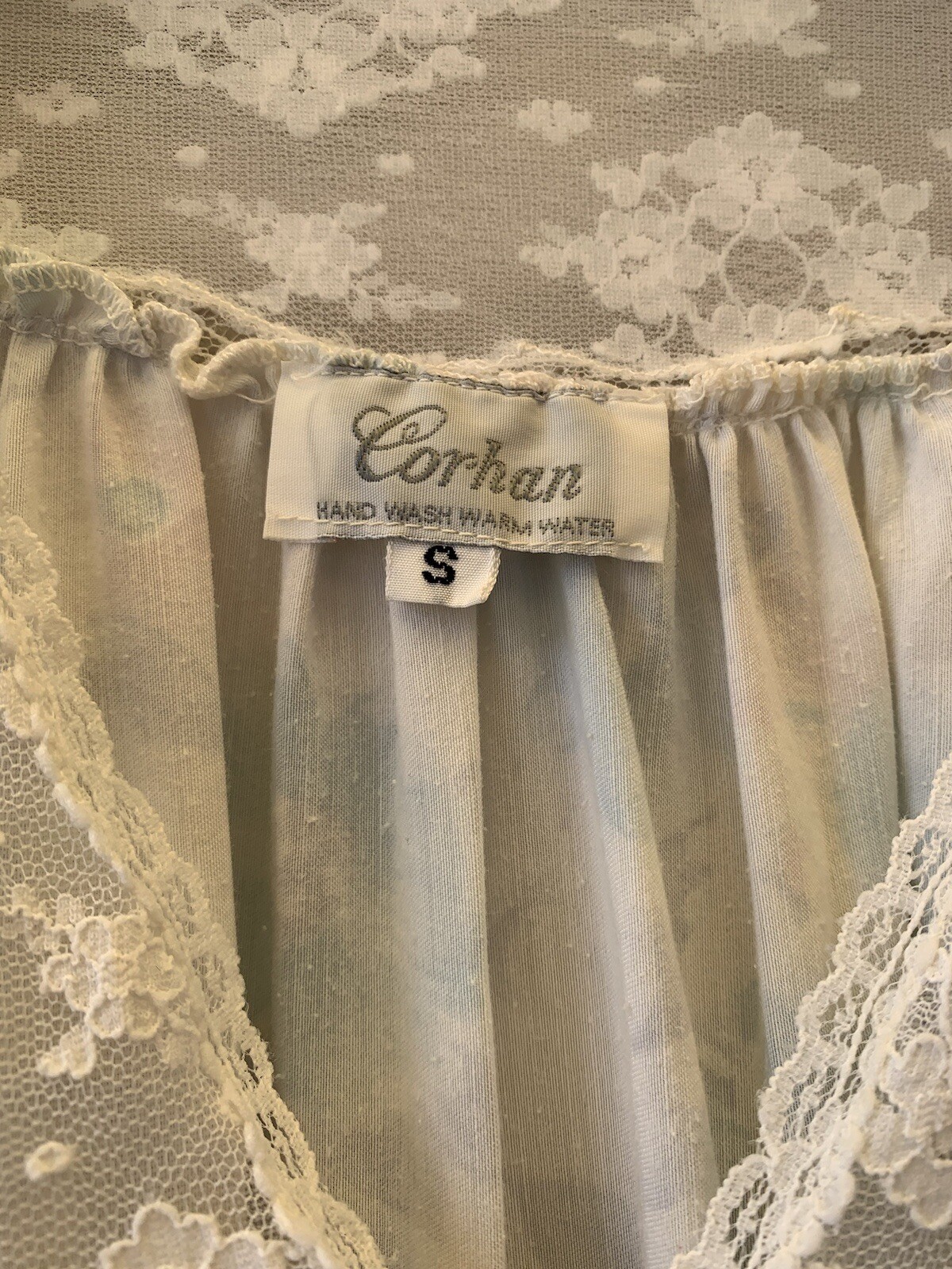 VTG Prairie Cottage Romantic Farmhouse Blue Long Nightgown Lace Corhan Floral