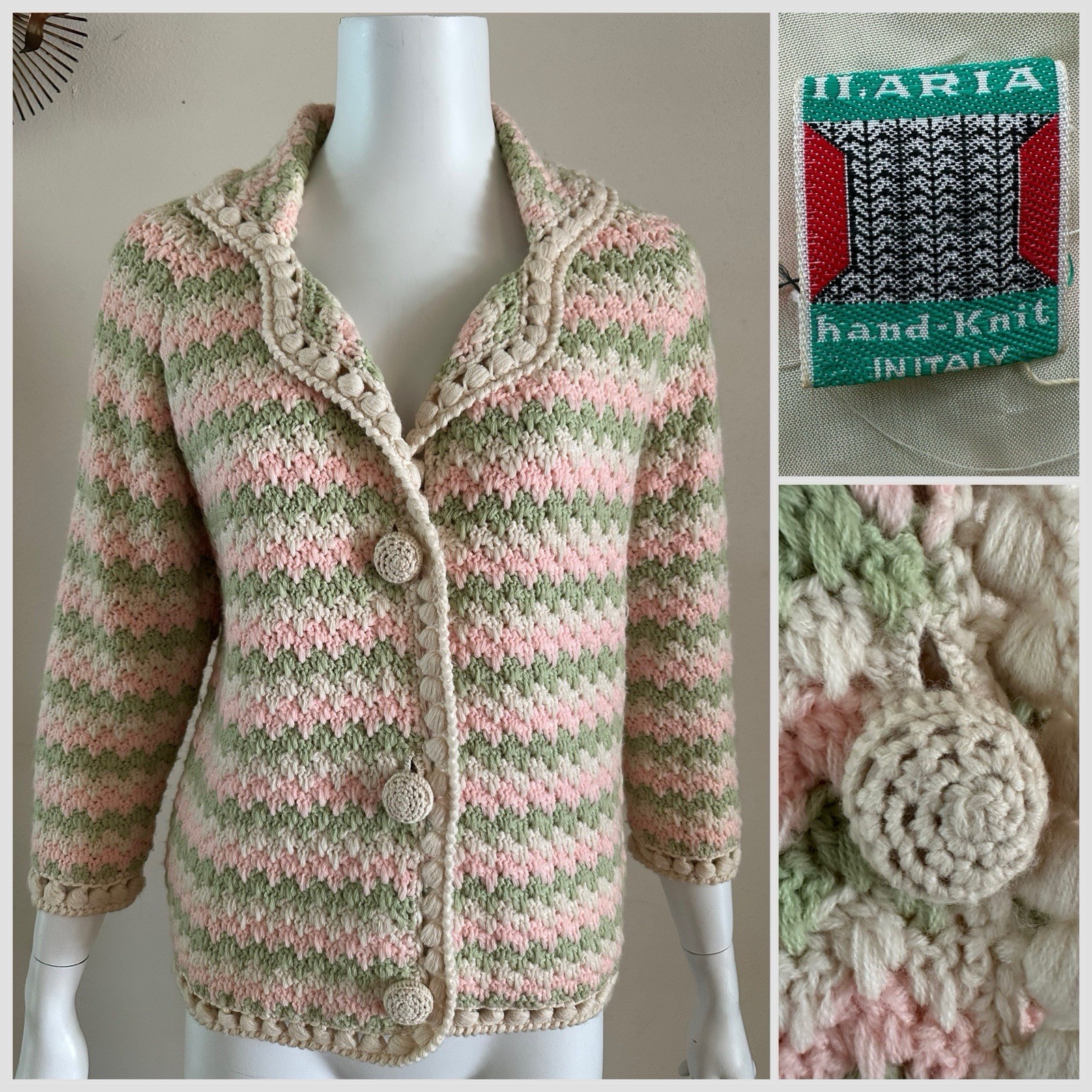 1960s Ilaria Italy Hand Knit Crochet Cardigan Popcorn Stitch Pink Green Sweater