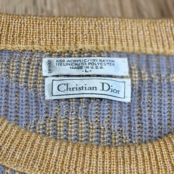 Christian Dior Vintage Diamond Knit Sweater Blue Yellow Linen Blend Large USA