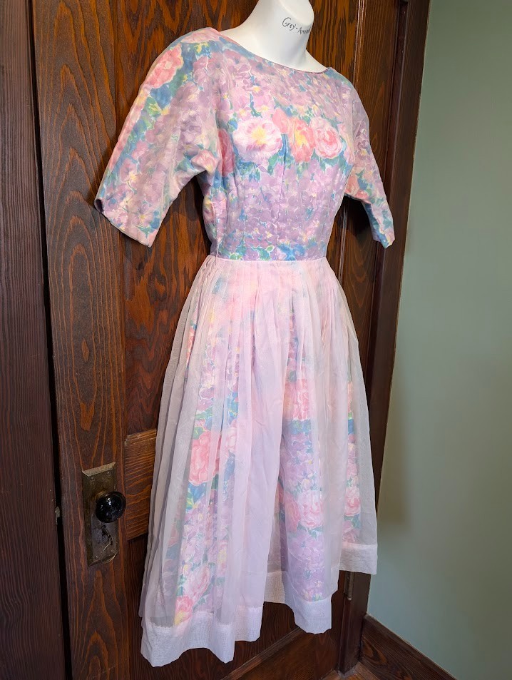 1950s VTG PASTEL FLORAL MIDI DRESS pleated sheer organza & calico XXS 0 1F