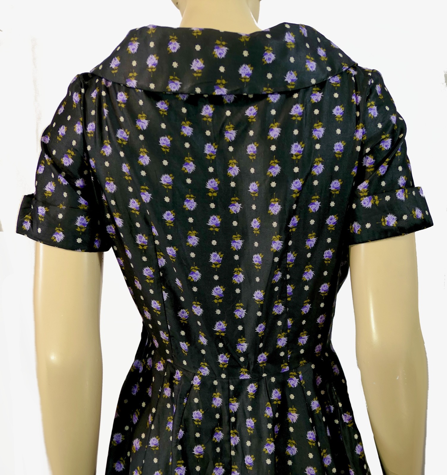 Vintage 50s Rockabilly Handmade Black Lavender Cotton Ascot Dress A Line Full M