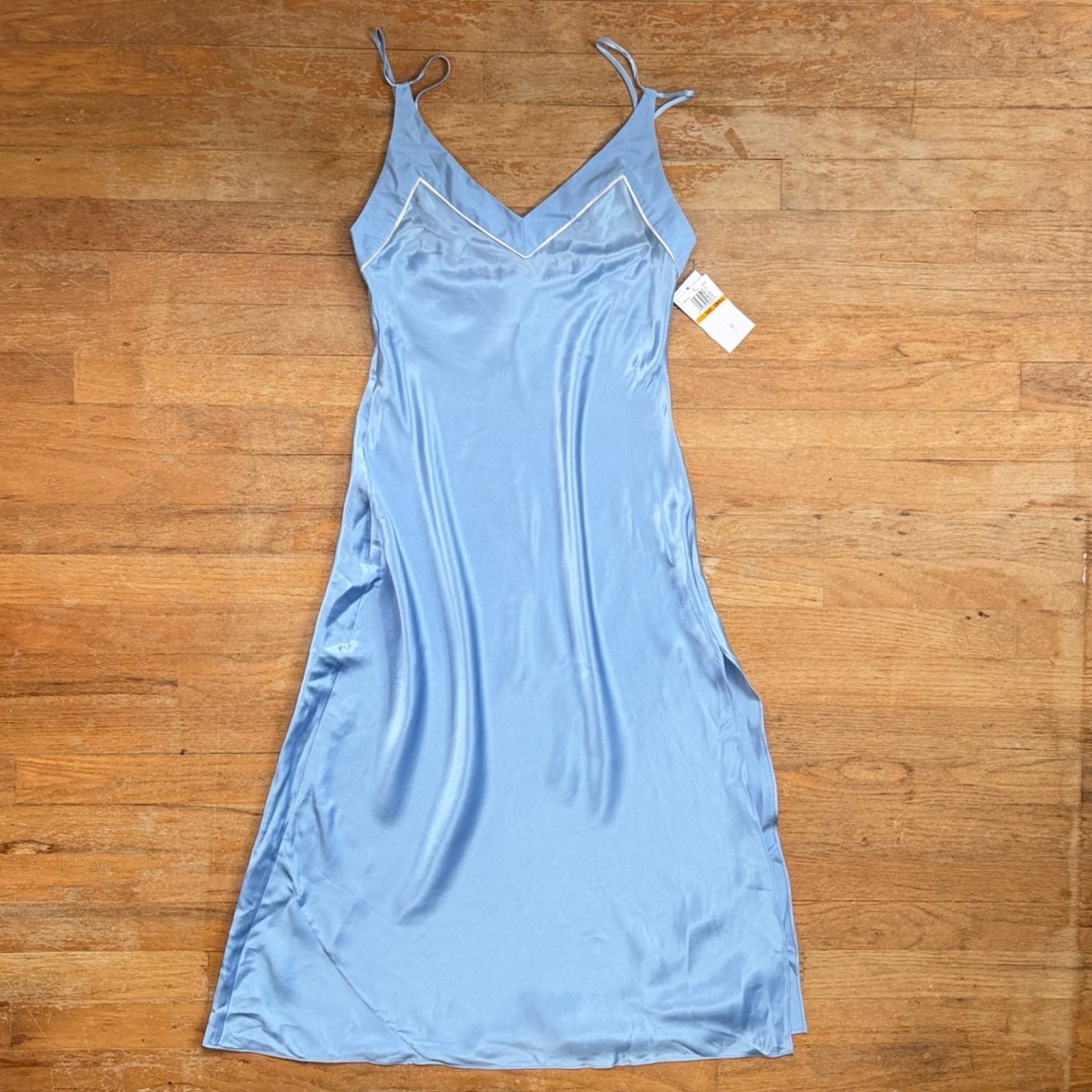 Vintage Silk Slip Dress Size Small Light Blue Satin V-Neck Camisole Style Midi