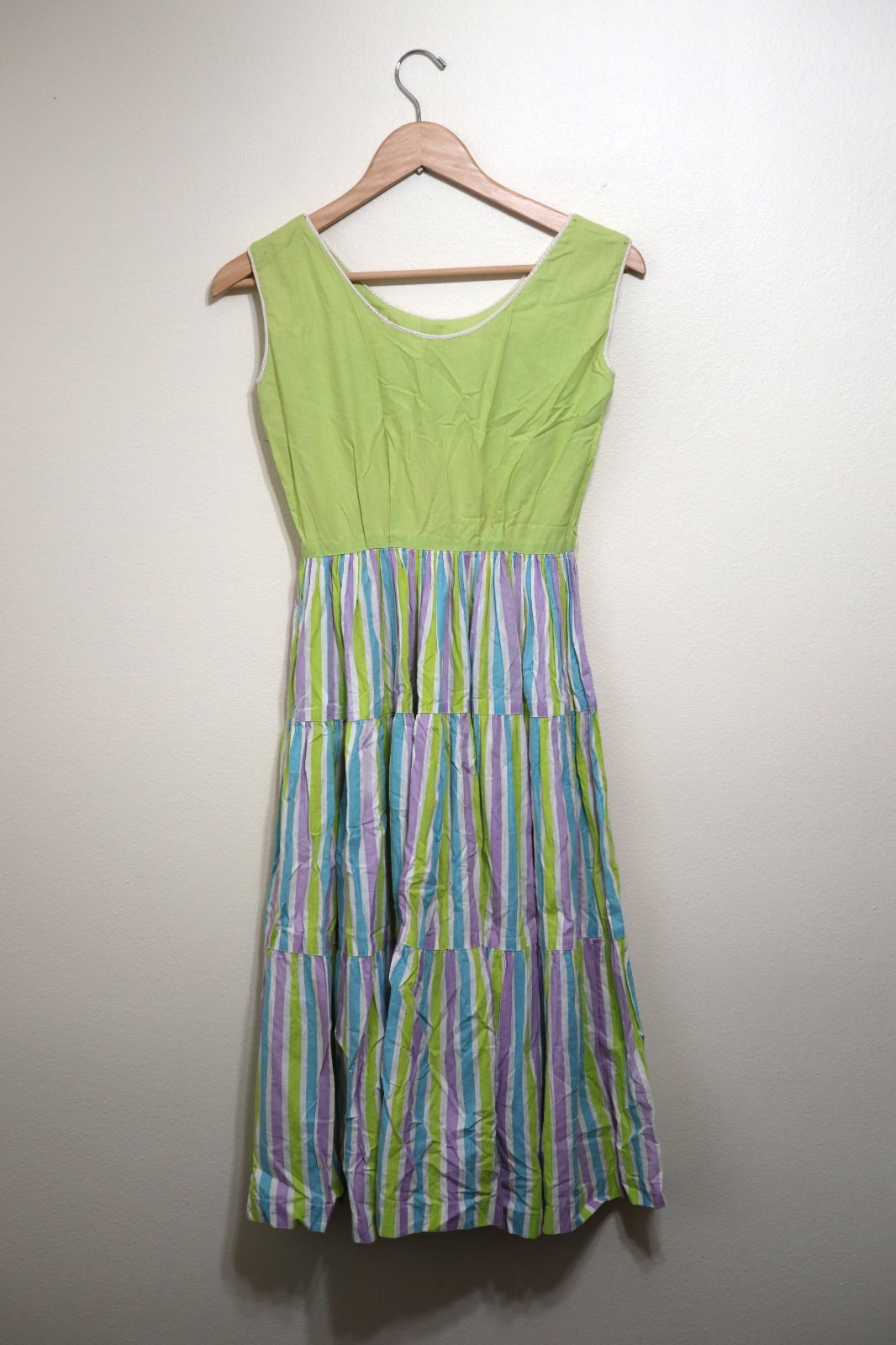 50s Abby Kent Chartreuse Stripe Sleeveless Tiers Full Skirt Day Dress Women XS 0