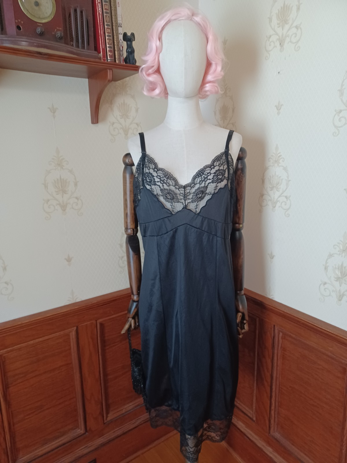 Vintage 1960s Mid-century Black Lace Coquette Bombshell Full Slip Lingerie Dress