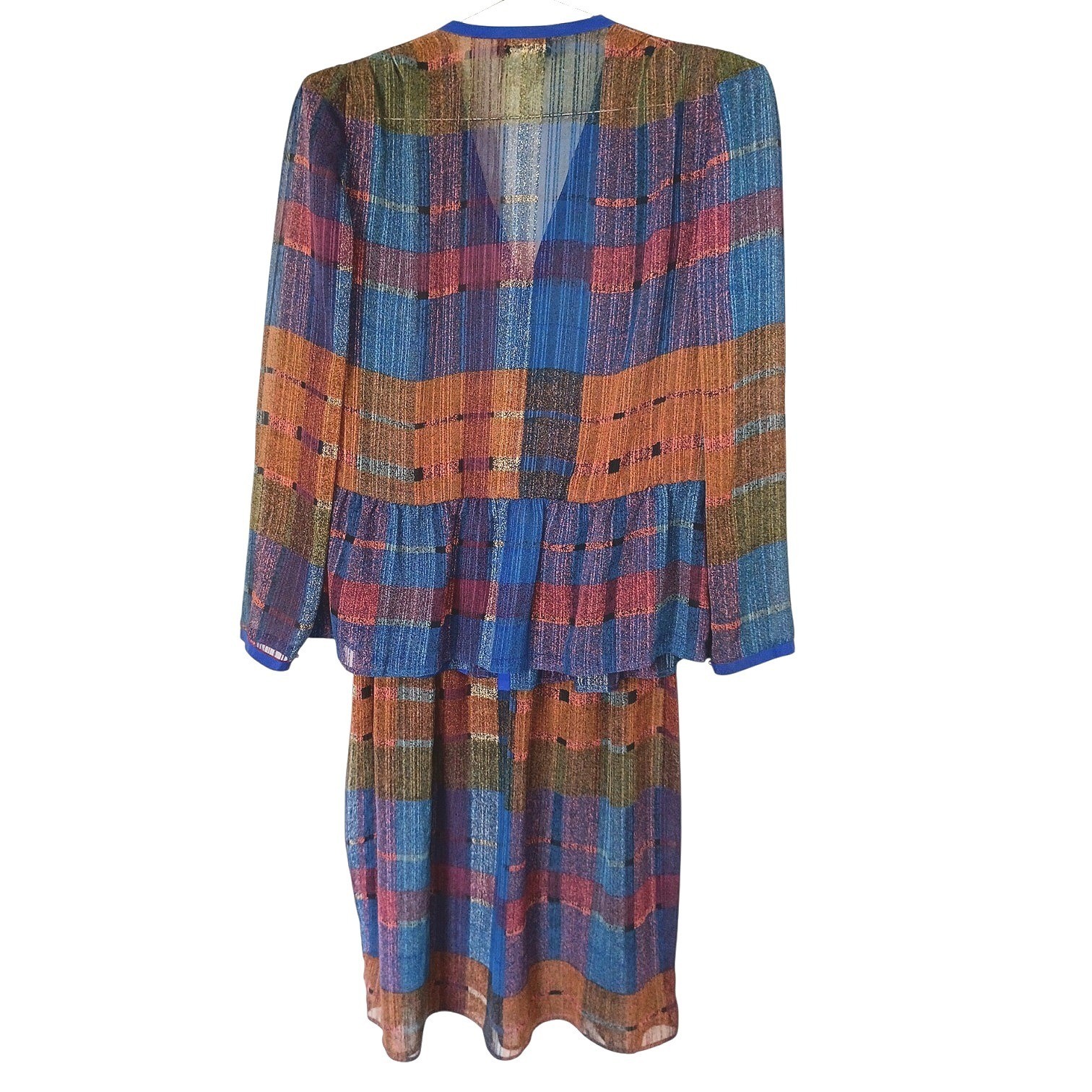 Gloria Vanderbilt Vintage 80s Metallic Plaid Peplum Top and Skirt Set Blue 14