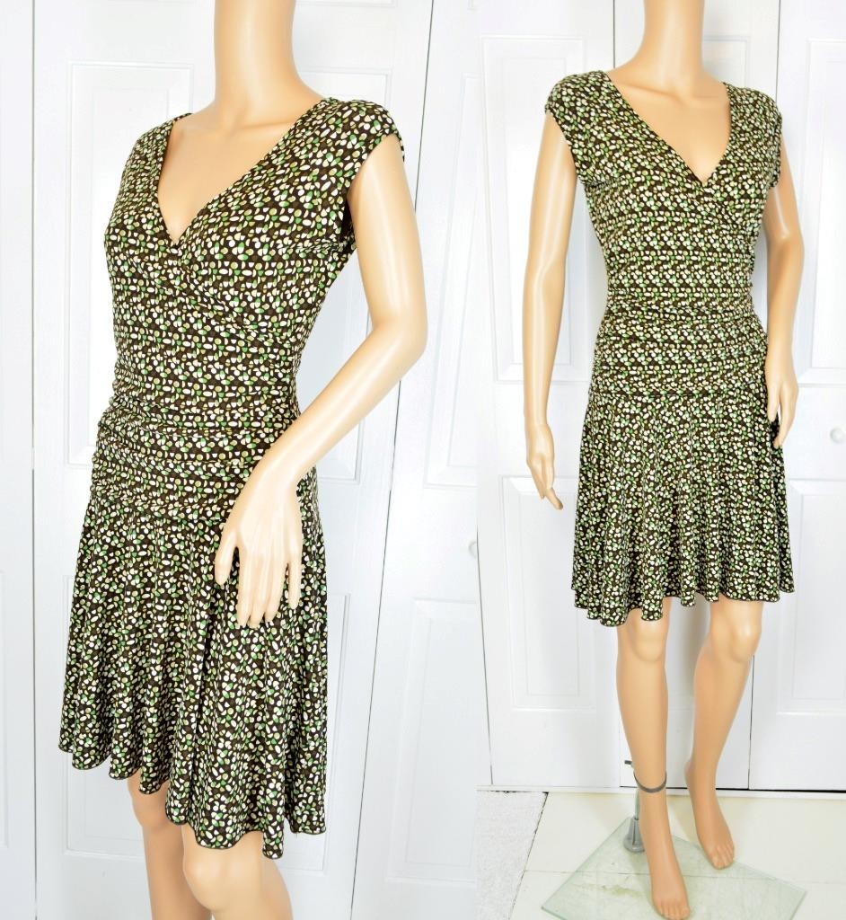VTG 90s BCX Mini Brown Print Plunging Bust Ruchd Flared Skater Skirt Dress L