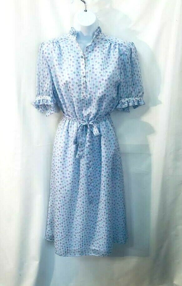 VTG 70s Cottagecore Pretty pale blue + lavender ruffled polka dot belted dress M