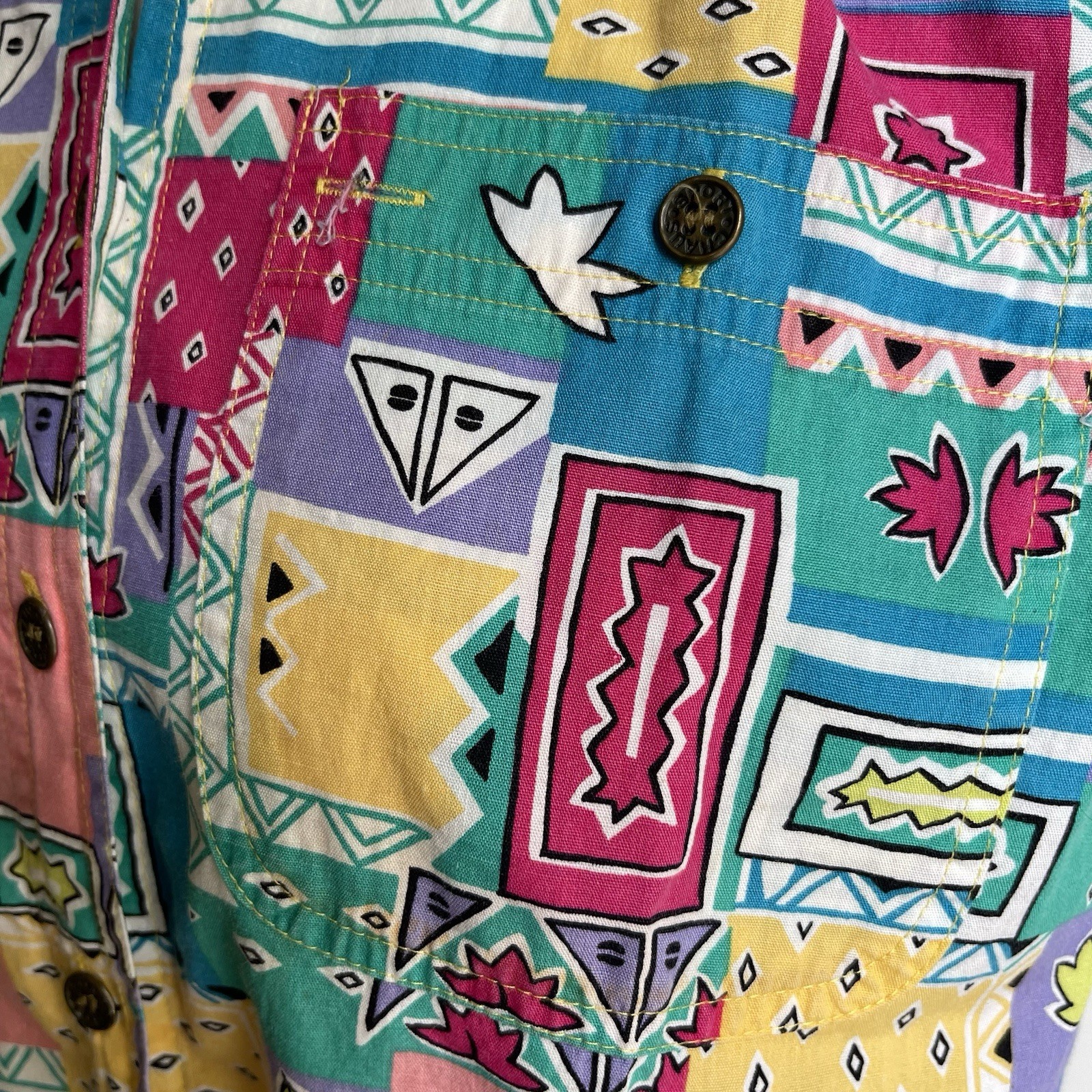 Vintage 80s Chaus Petites Short Sleeve Buttons Shirt Colorful Cotton Memphis 6 P