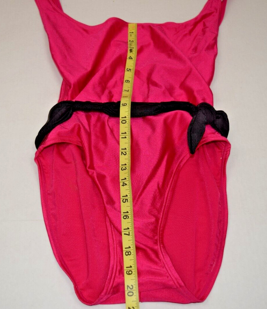 Vintage Swimsuit Aruba Size 12 80s Shimmery Hot Pink Black Belt Open Back NWT