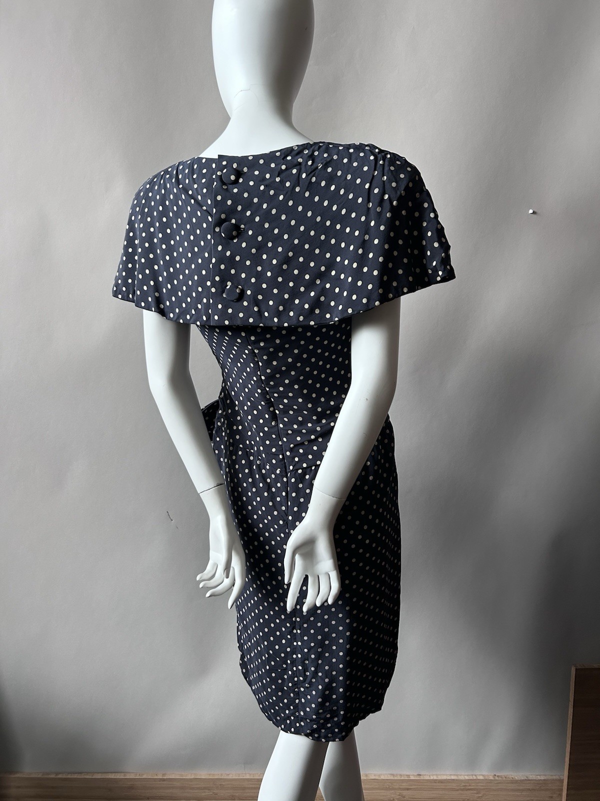 Vintage Arnold Scaasi Dress Pin Up Navy Blue White Polka Dot 80s Cocktail sz S
