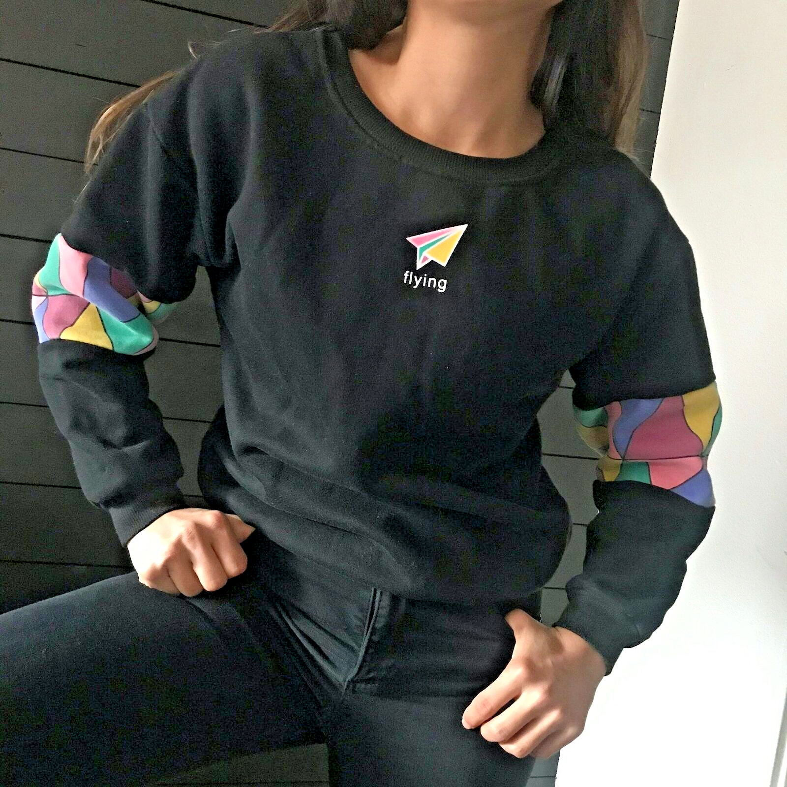 vtg 80s knit black sweatshirt pastel kite boho crewneck pullover small street