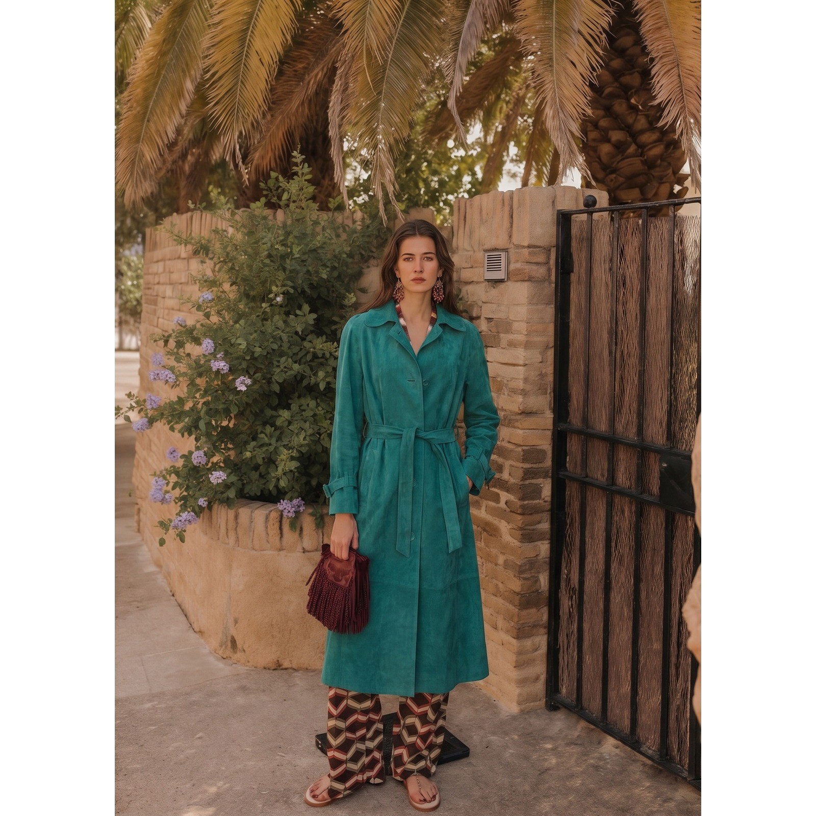 Lilli Ann Trench Coat Women Teal Ultrasuede Vintage Belted Long Jacket Size M/L