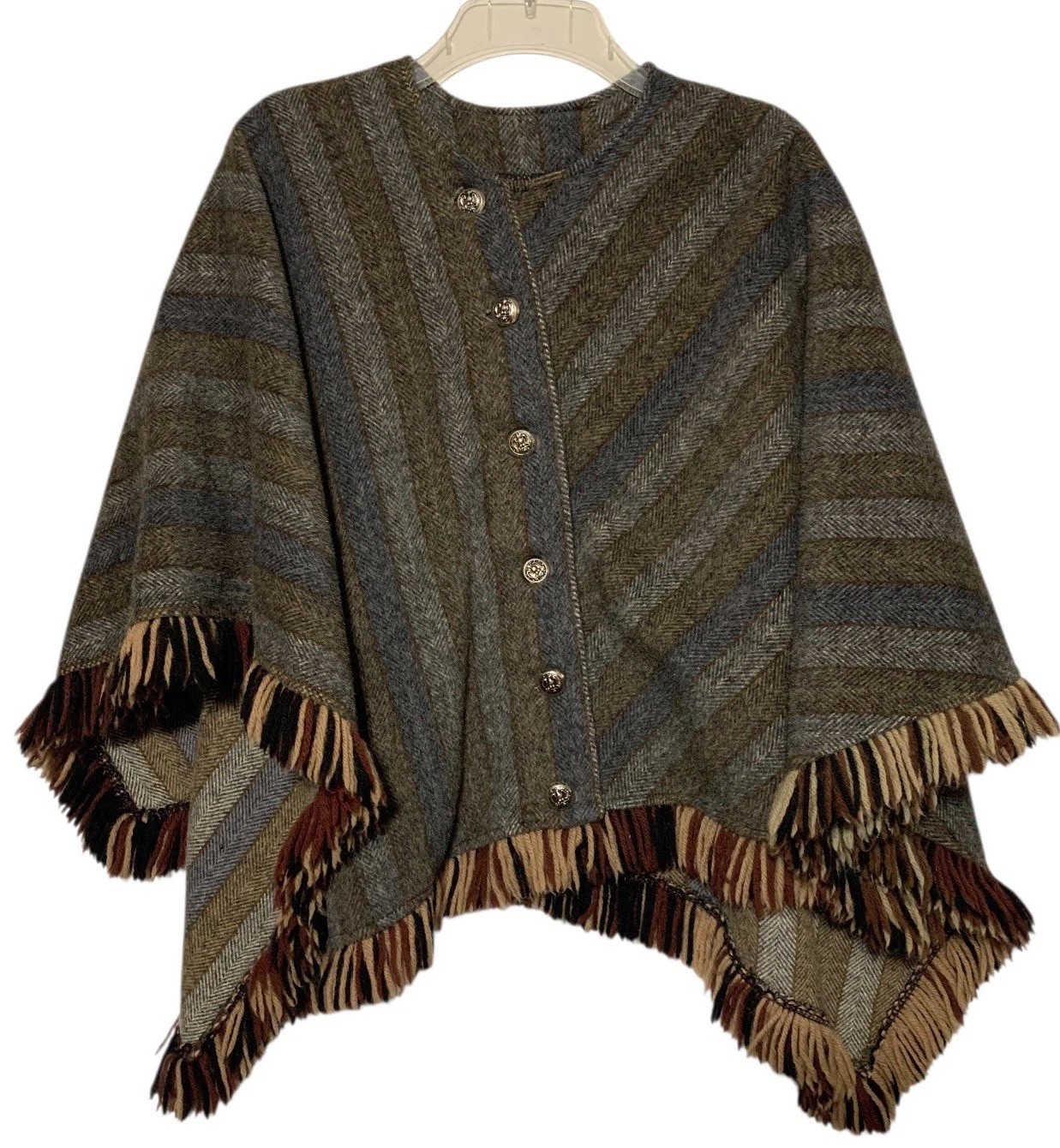 Vintage Wool Button Down Poncho Brown Gray Navy Blue And Tan Stripes With Fringe