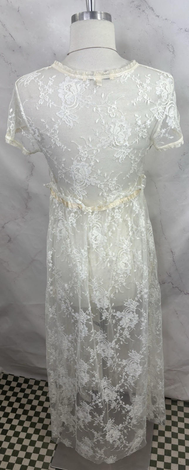 Vtg 90s CLAIRE PETTIBONE Babydoll Sheer Lace Silk Nightgown Robe Dress S Bride