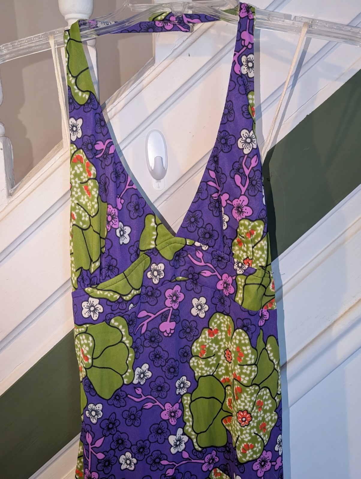 Vintage 70s HOUSE OF NINE Floral Halter Maxi Dress S Nylon Az 7 Green Purple