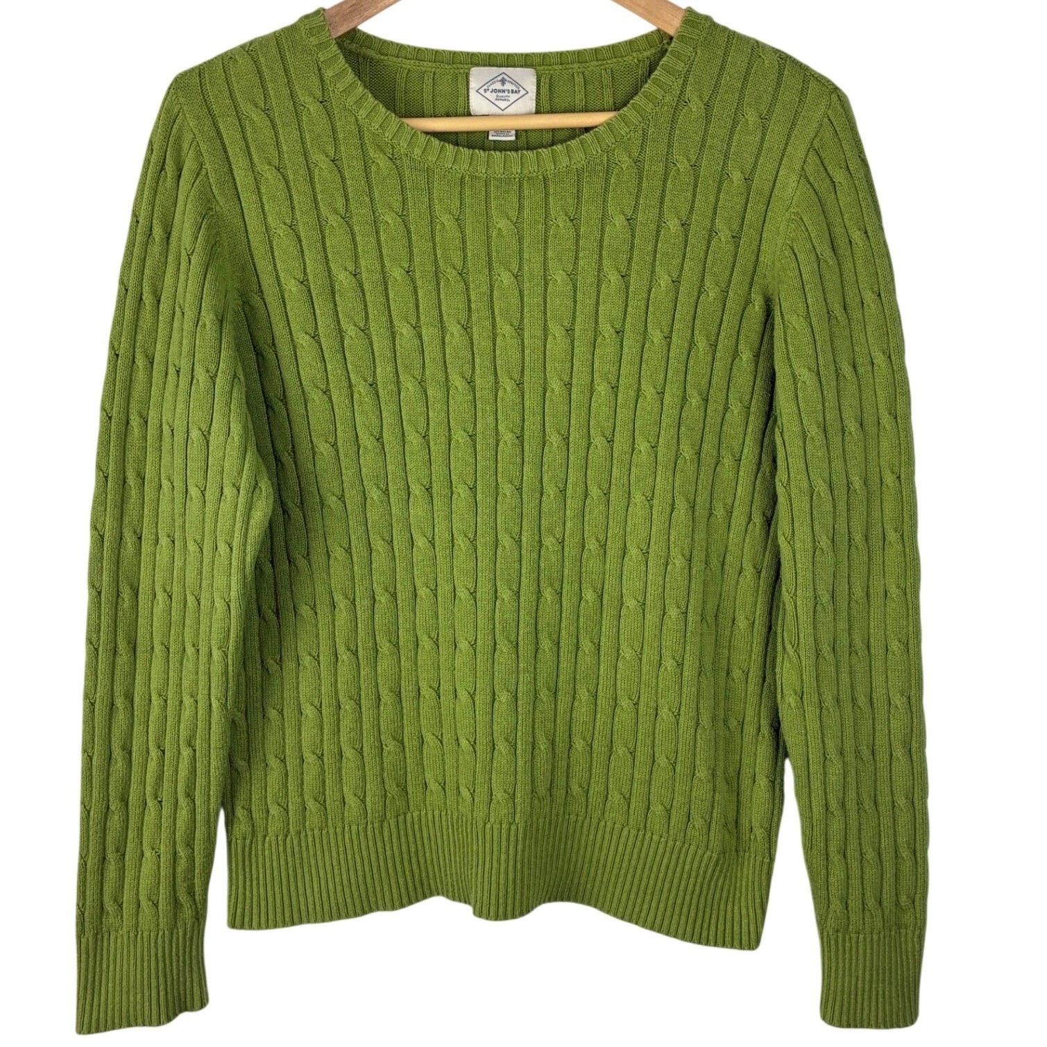 Vintage St. John’s Bay Green Cable Knit Crewneck Sweater Cotton Blend Size L