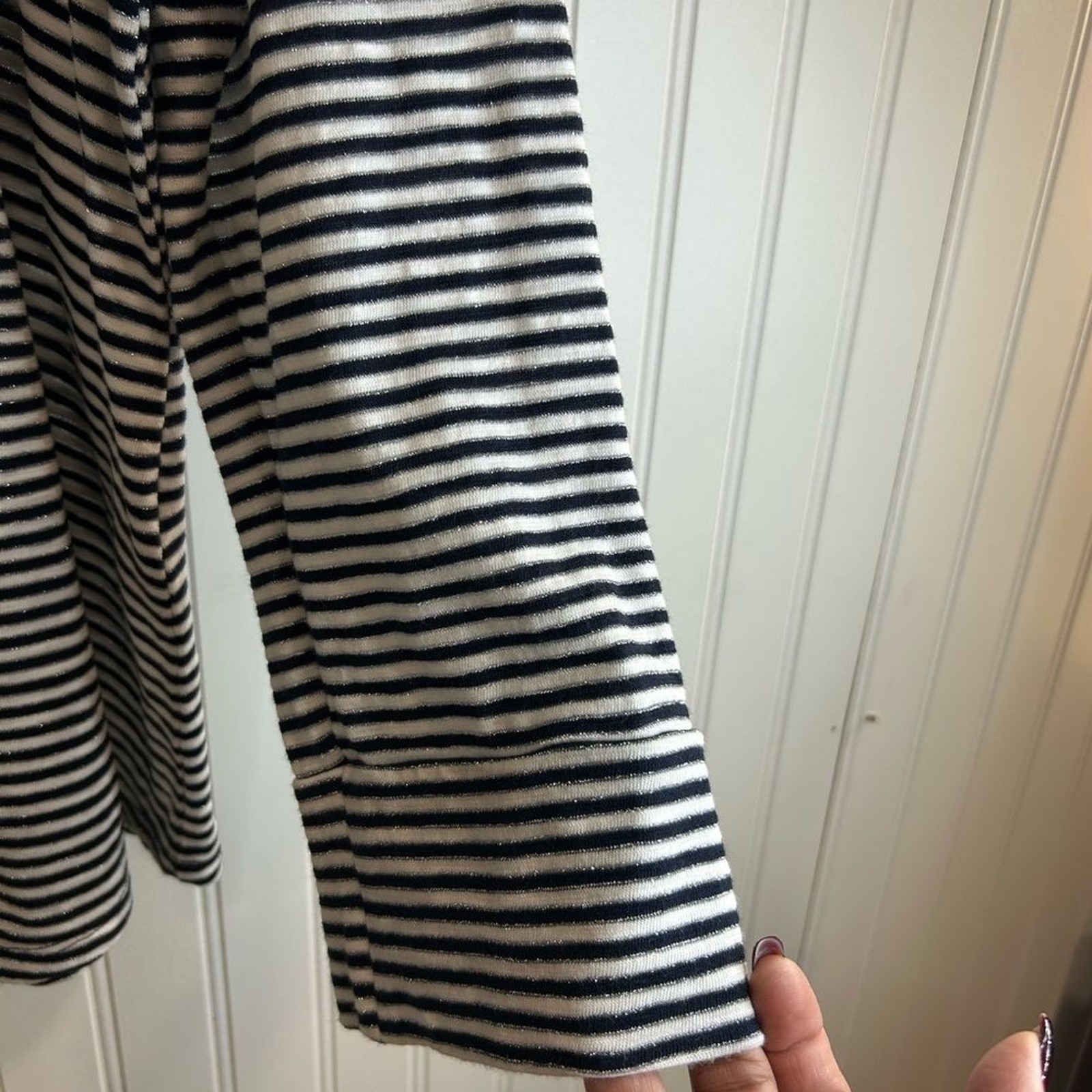 Chico’s women Black and White Striped Top with Metallic Accents.cotton modal .