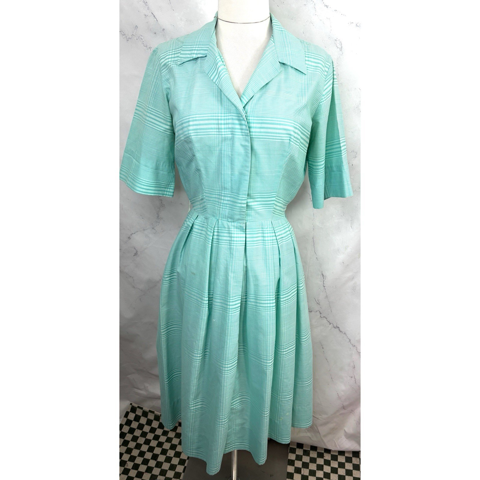 Vintage 1950s Day Dress S Plaid Collar CableGirls Union USA MCM Betty Draper 50s