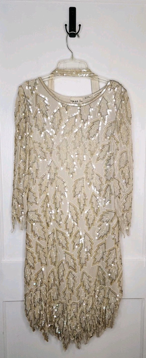 Vintage SWEE LO Beaded Sequin Dress 100% Silk Flapper Gown Retro Gatsby Style