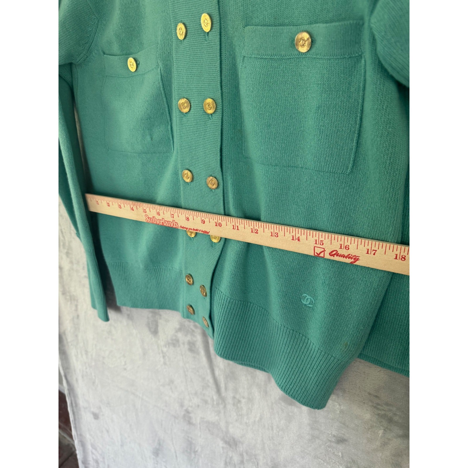 Chanel Vintage Cashmere Skirt Suit Teal Green Gold CC Buttons Scotland Sz 8 10