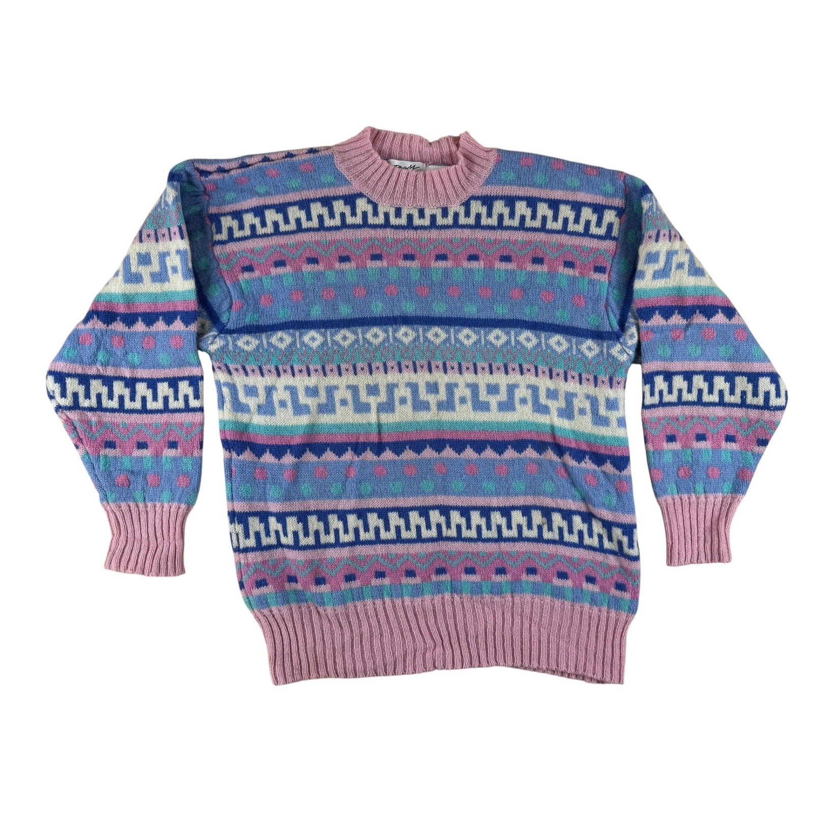 Vintage Pastel Sweater Shetland Wool Geometric Fair Isle M Brass Plum