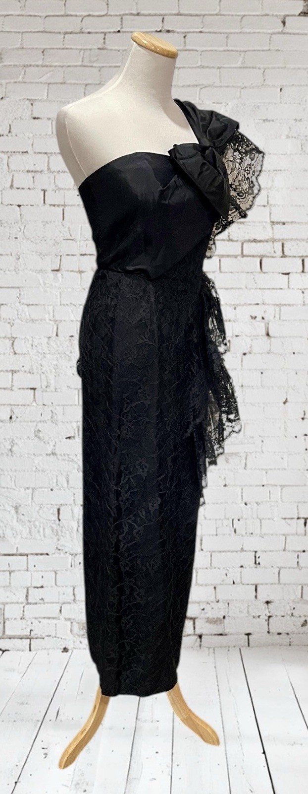 Vtg Climax Karen Okada David Howard Lace Black One Shoulder Bow Party Prom 3/4