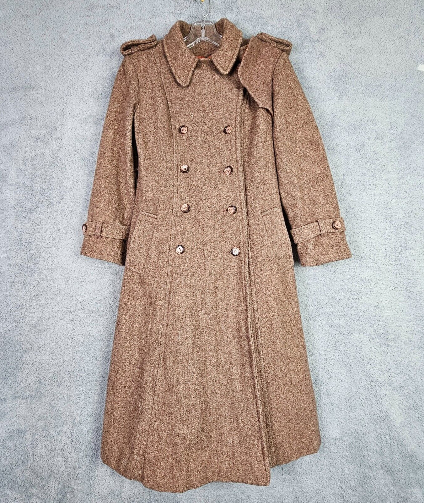VTG 70s JCPenney Womens Tweed Coat S Brown Midi Double Breasted Button Up Pocket