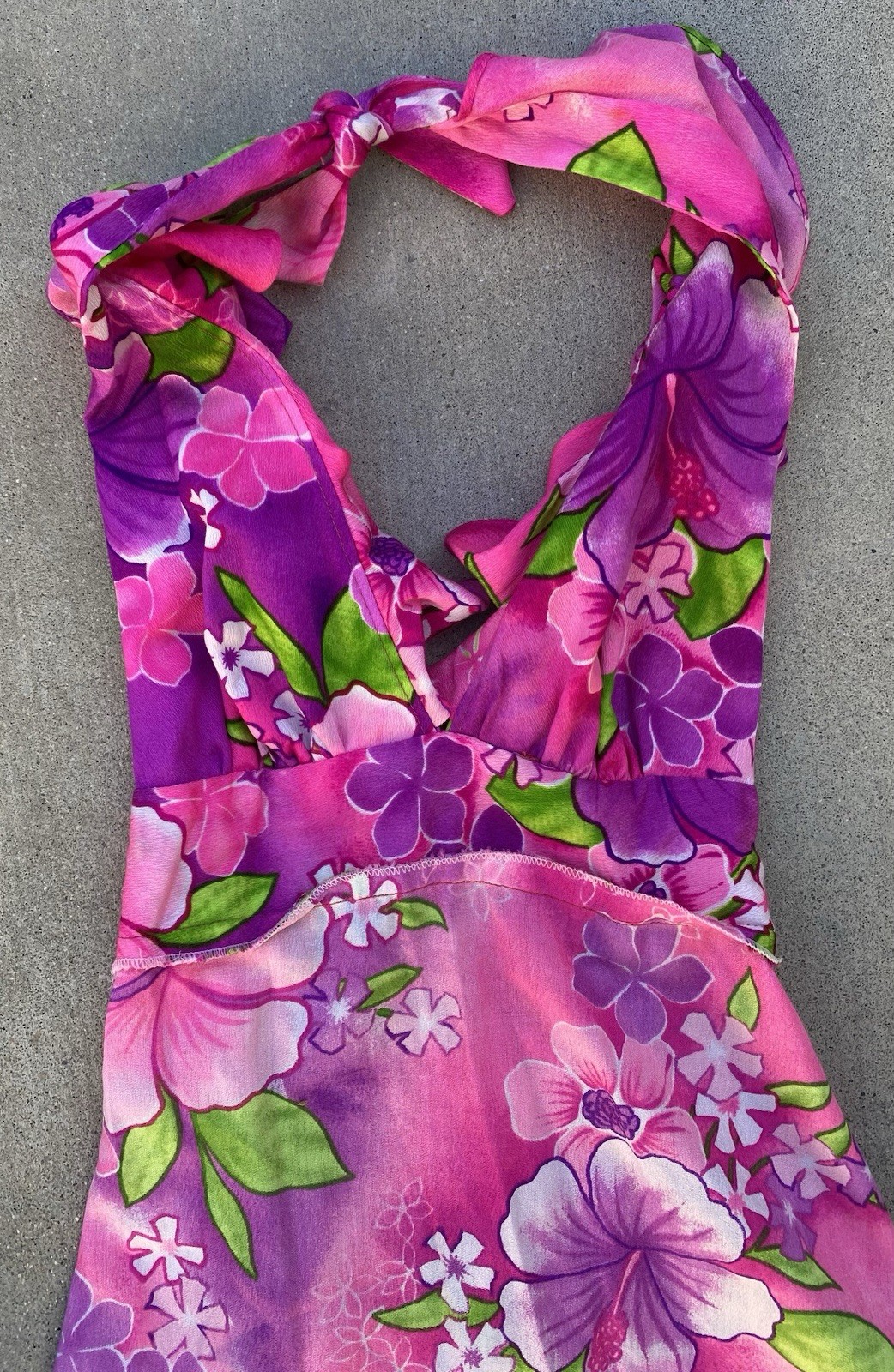 Vintage Pomare Hawaii Acrylic Hawaiian Halter Dress Ruffle Top Tiki Aloha Pink