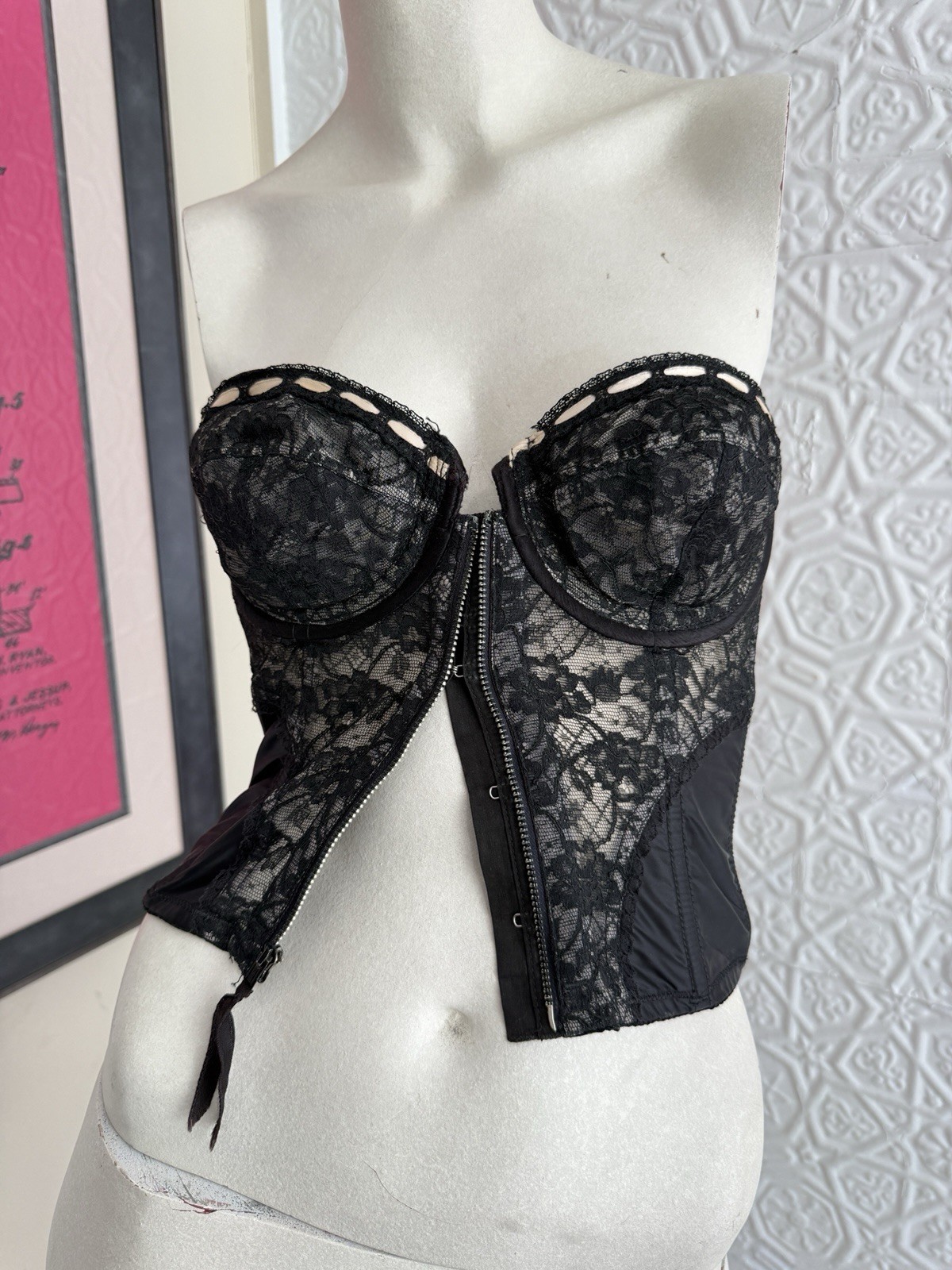 vintage Lady Marlene Corset Bra Top Strapless Bustier lace 1950s Black 34 B