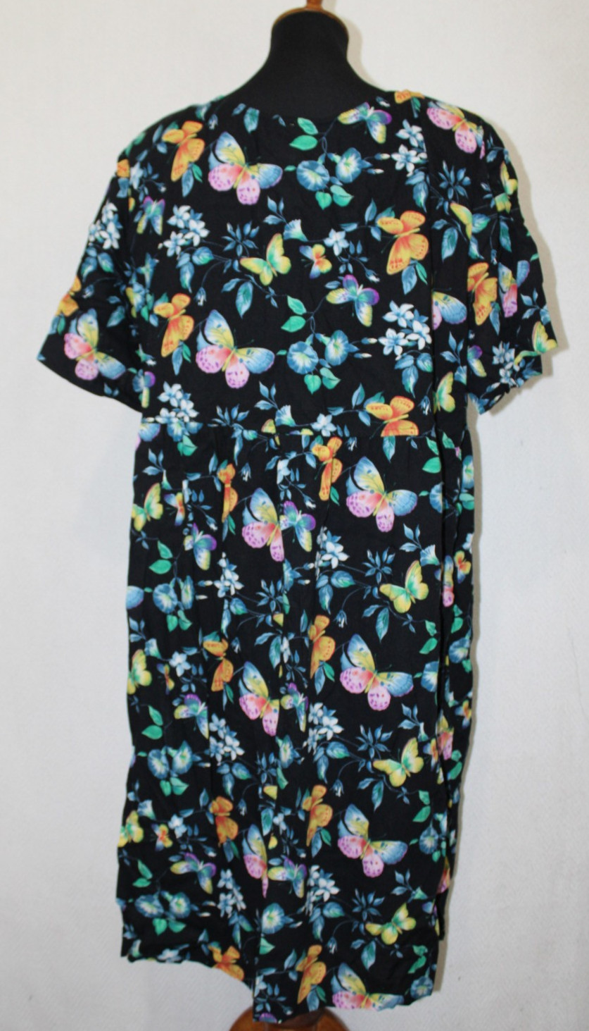 Vtg More Jazz Sz 2X Black Floral & Butterflies Shift Dress Rayon