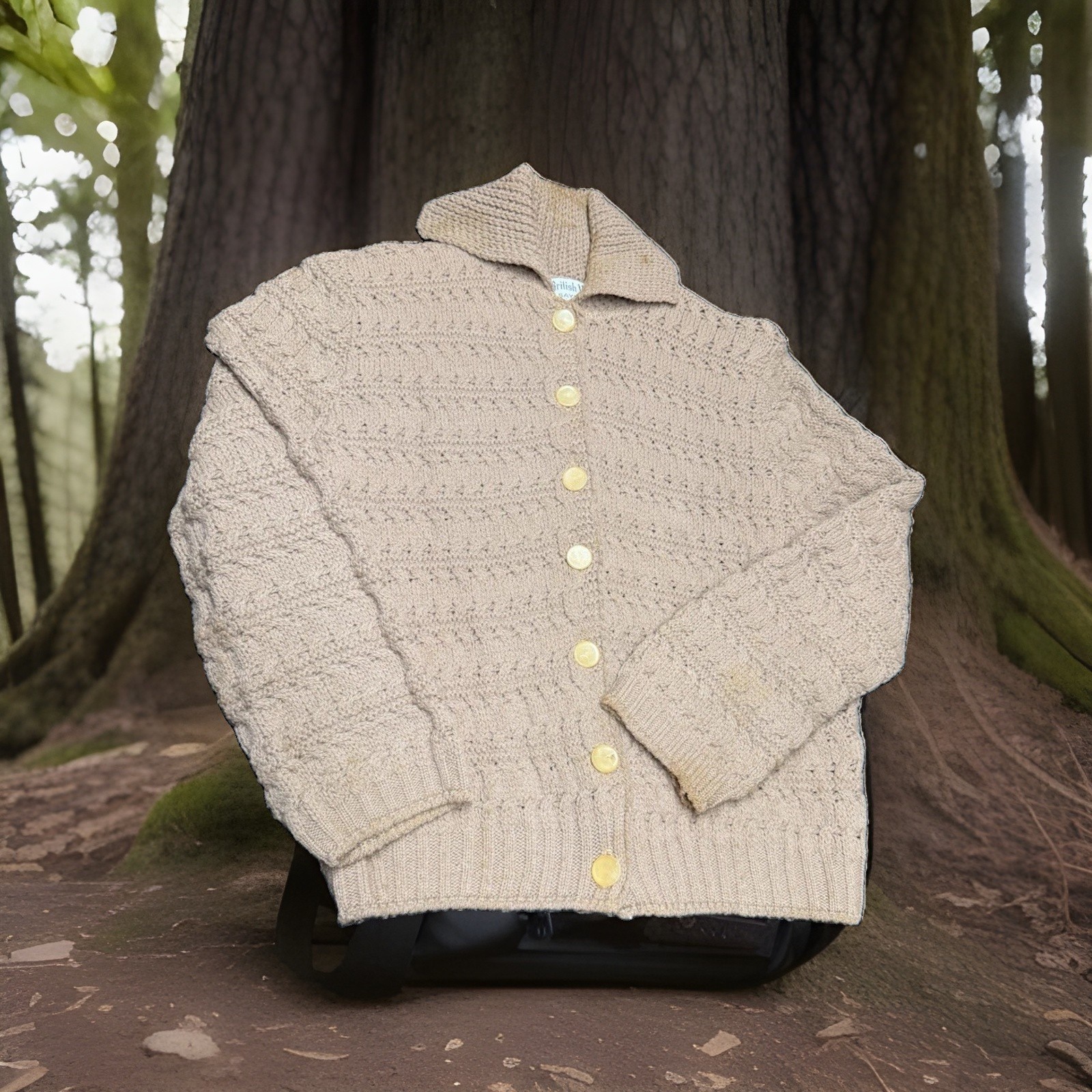 Vtg 70s Tan Open Knit Cardigan Sweater British Vogue Orlon Acrylic Size S