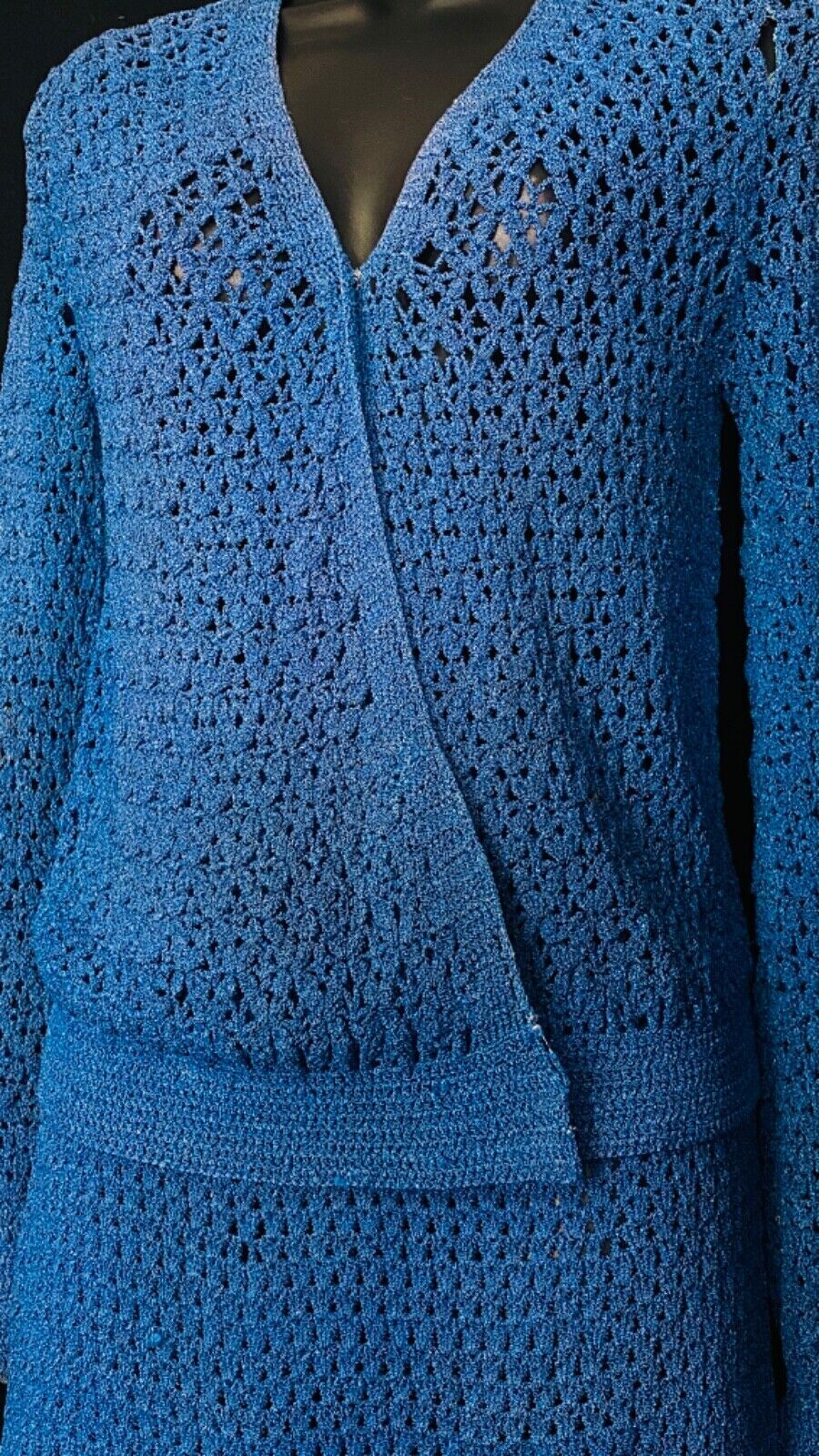 Vintage 1930s blue knit dress set, skirt long sleeve 1940s sweater outfit S M