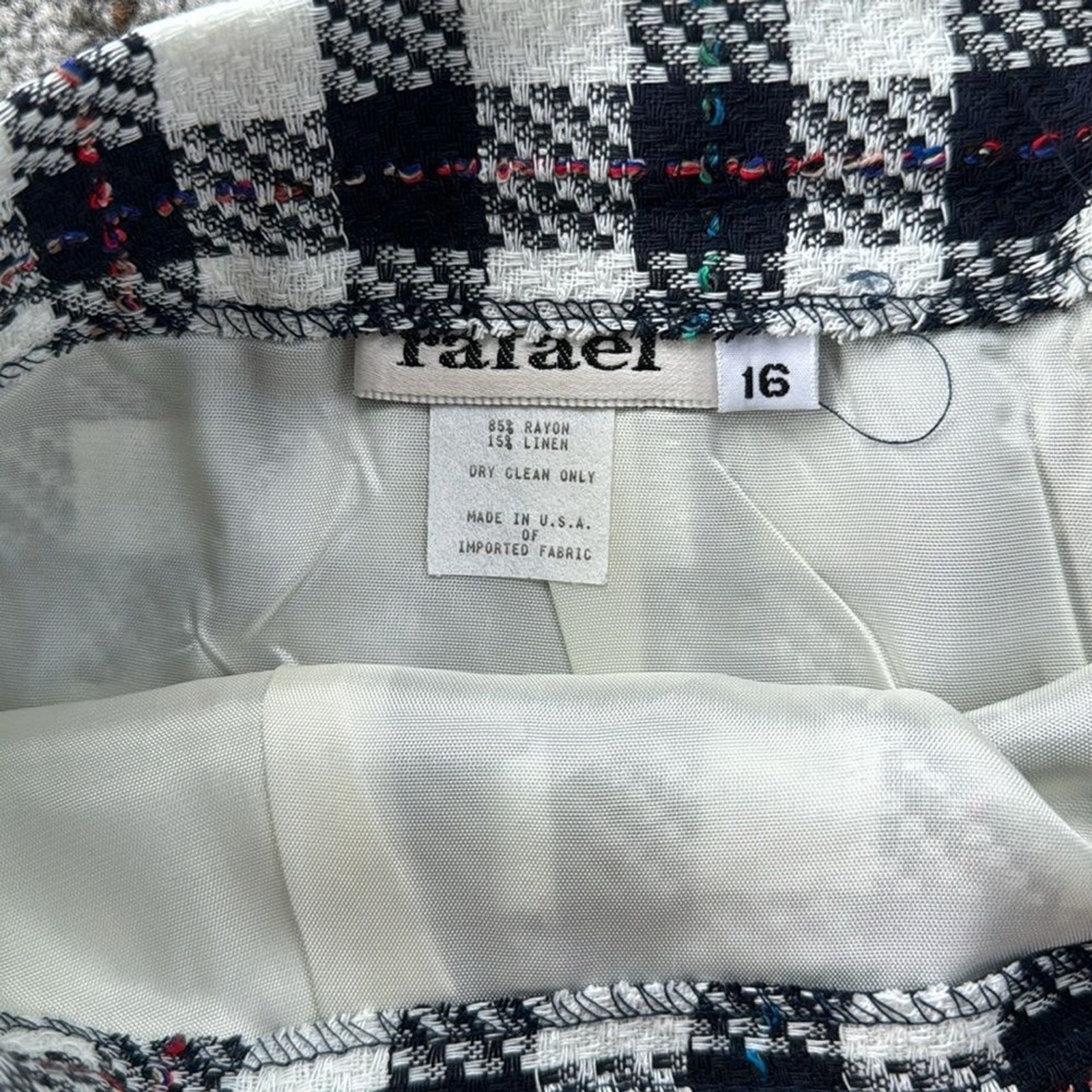 Vintage Rafael Linen Blend Plaid Skirt, Blazer & Purse Set Black White 16