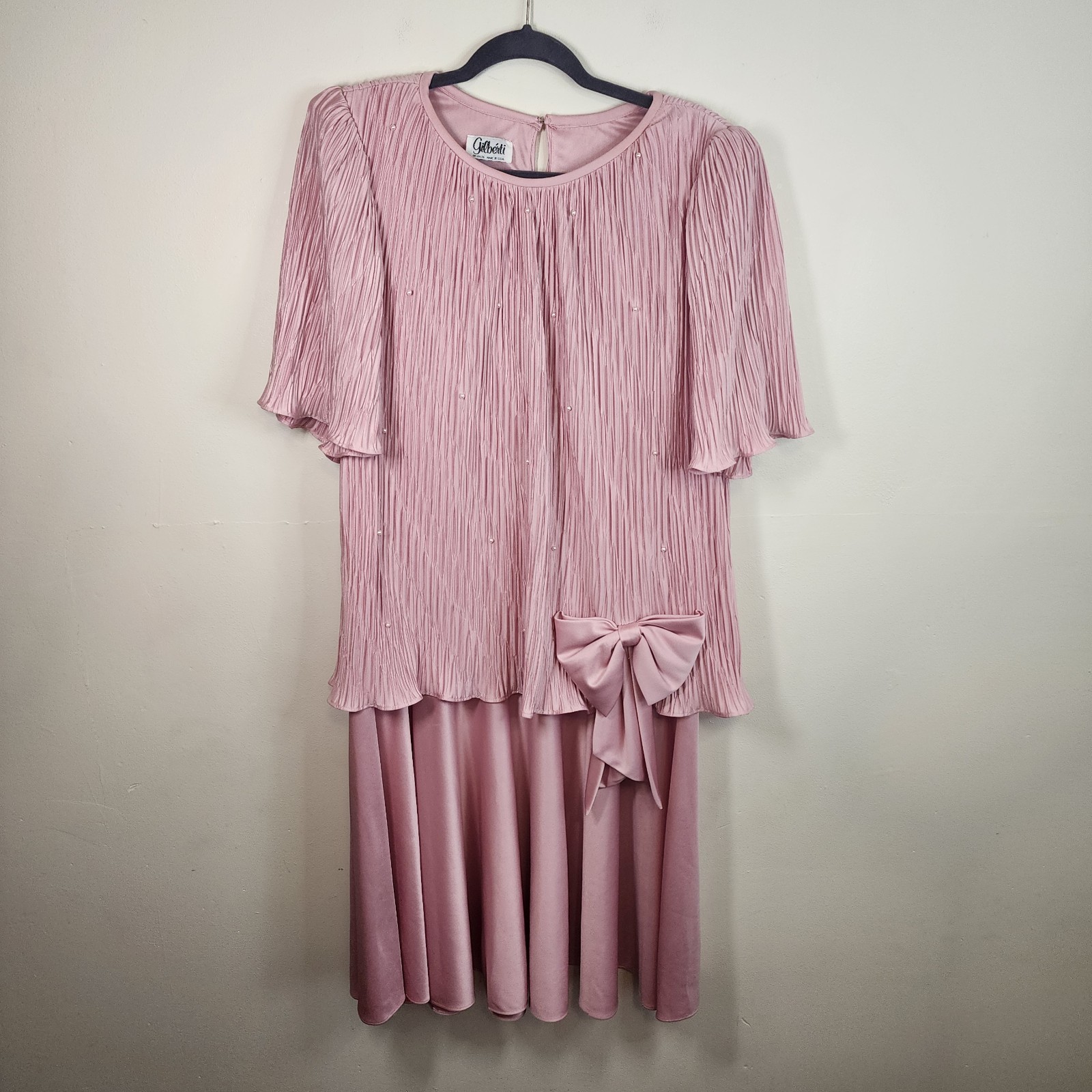 Vintage 1980s Pink Pearl Bow Dress Gilberti Designer Glinda Size L-XL 16-18