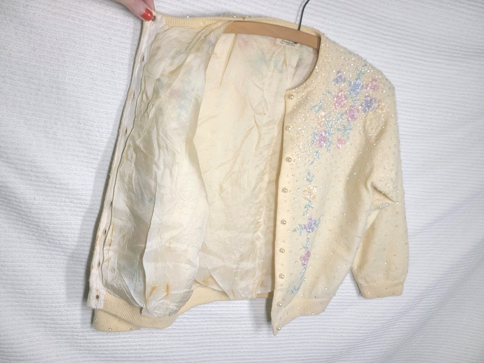 1950s Beaded Cashmere Cardigan Silk Lined Cut Glass Alfred Wong Small Vintage