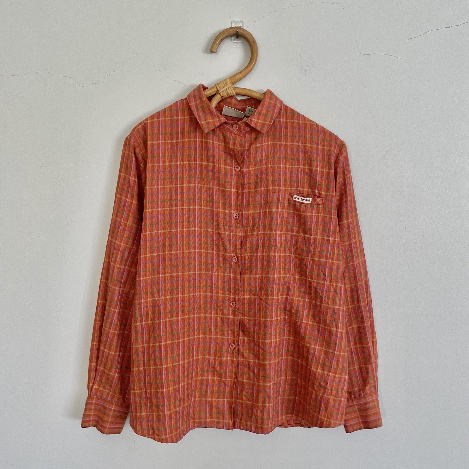 Vintage 80s 90s Road Runner Womens Brown Check Blouse Shirt Top Size Approx. L