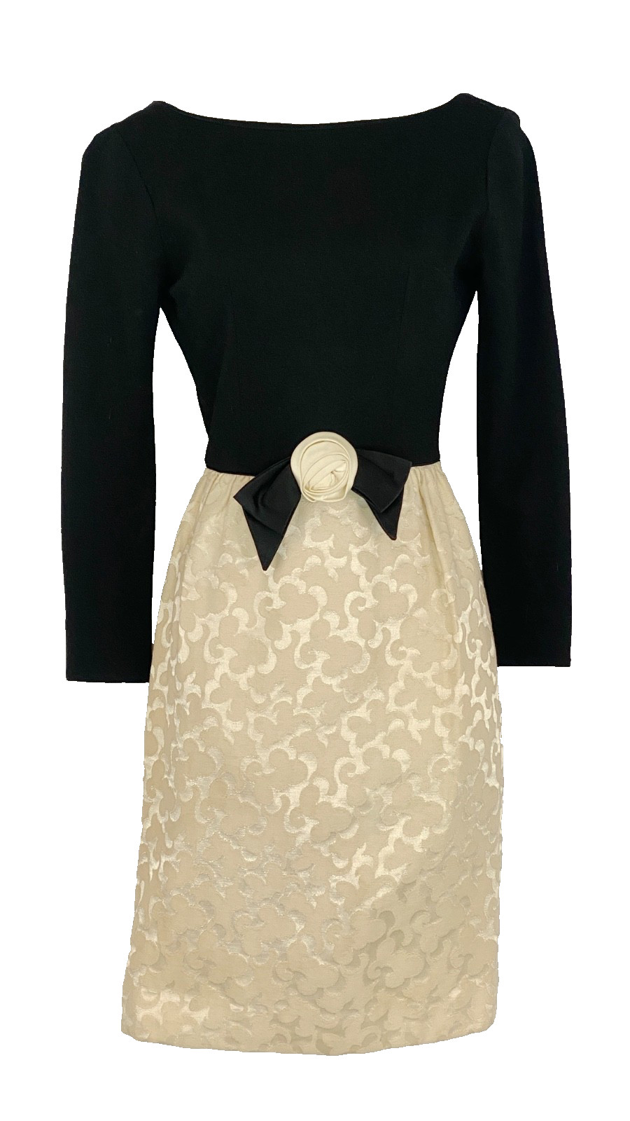 Vintage 1950s black white formal dress XS ivory knee long sleeve wool rosette