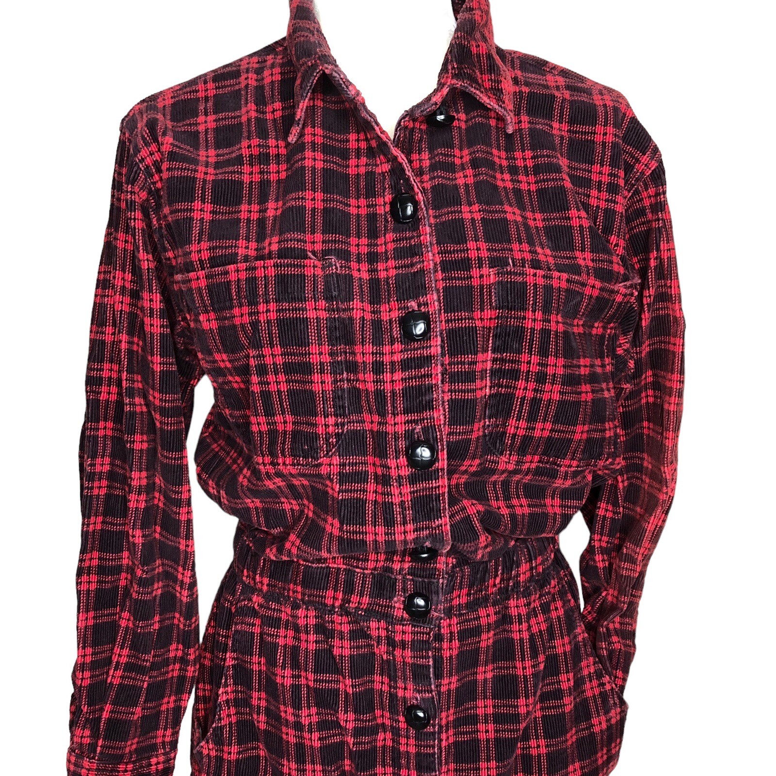Vintage Fads Red Black Cottagecore Soft Cotton Corduroy Shirt Dress Size 12