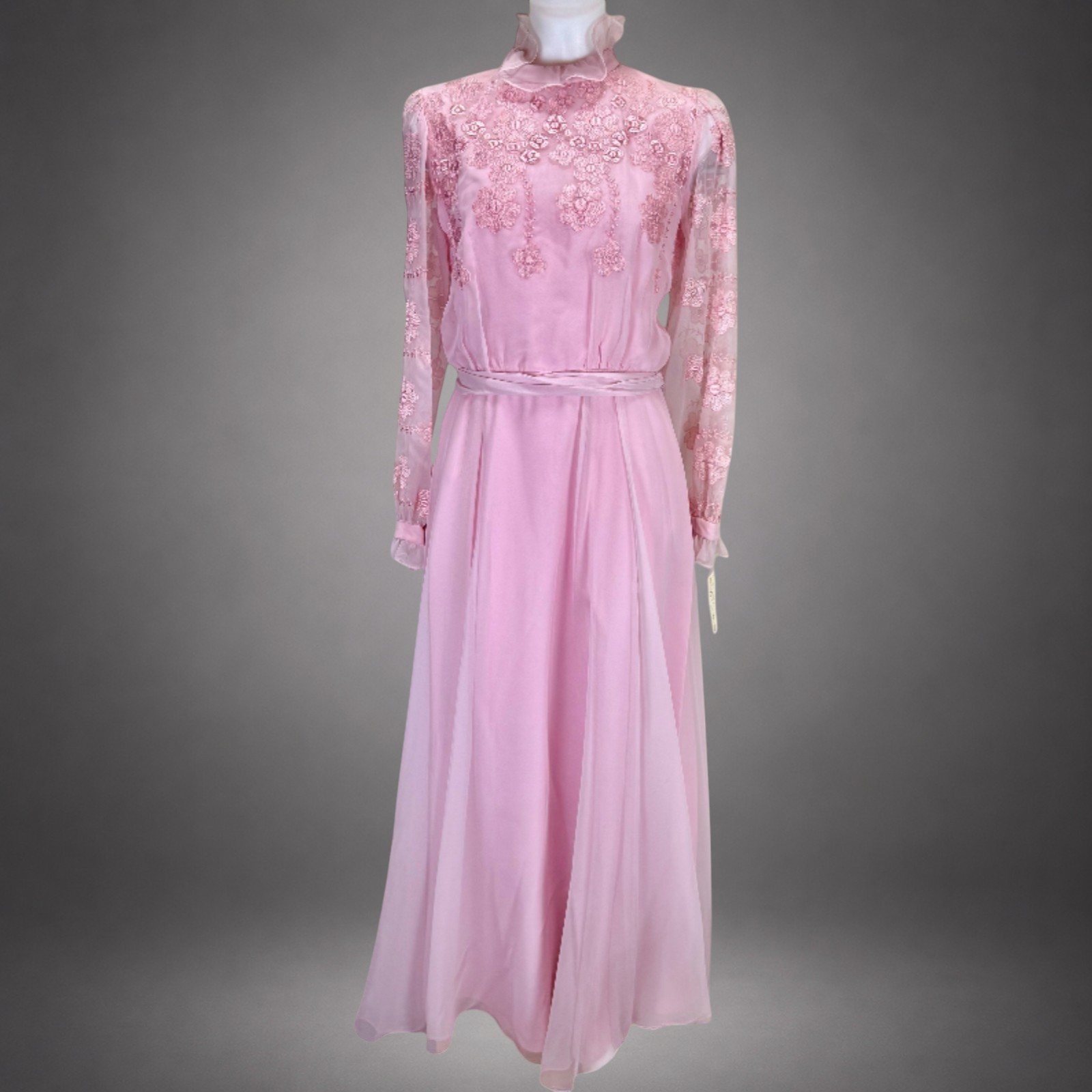 Vintage Miss Elliette California Pink Embroidered Chiffon Maxi Dress Size 12 NWT