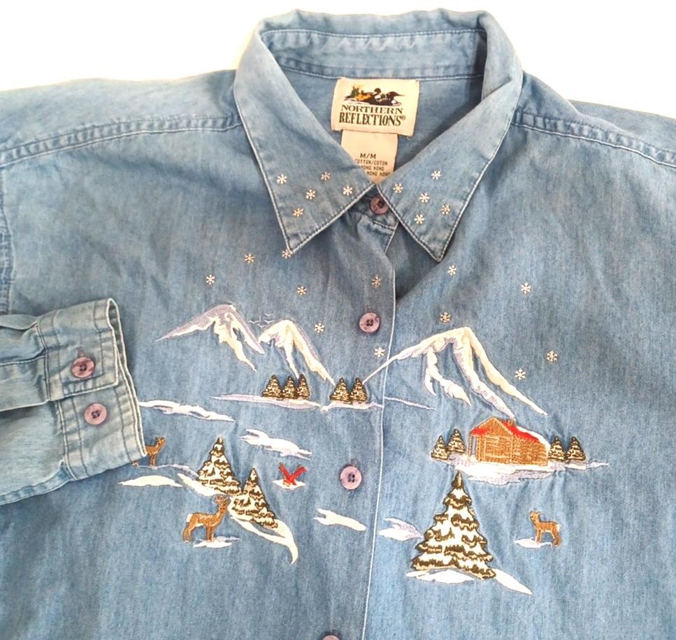 Northern Reflections VTG Denim Womens Shirt Sz M Mountain Snow Deer Cabin Winter