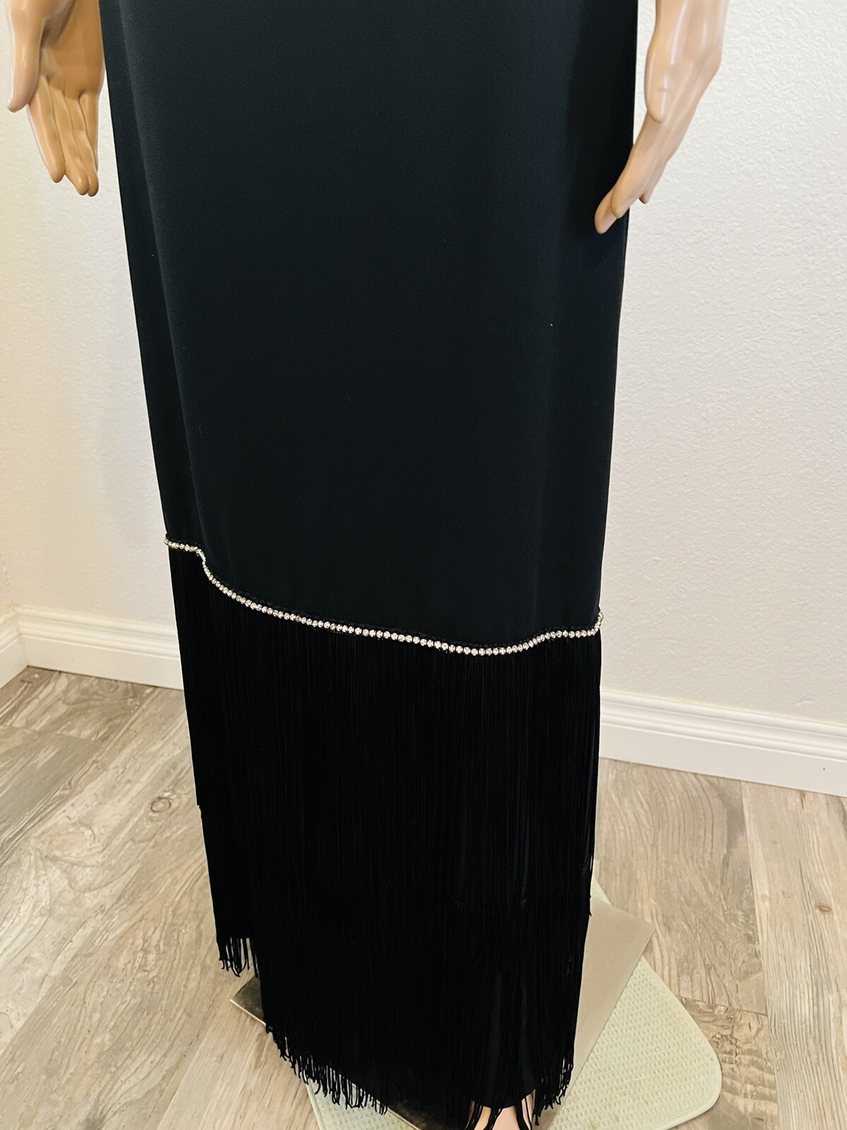 VTG 1960s Pavillon Design Black Evening Gown Maxi Dress Fringe & Rhinestones M*